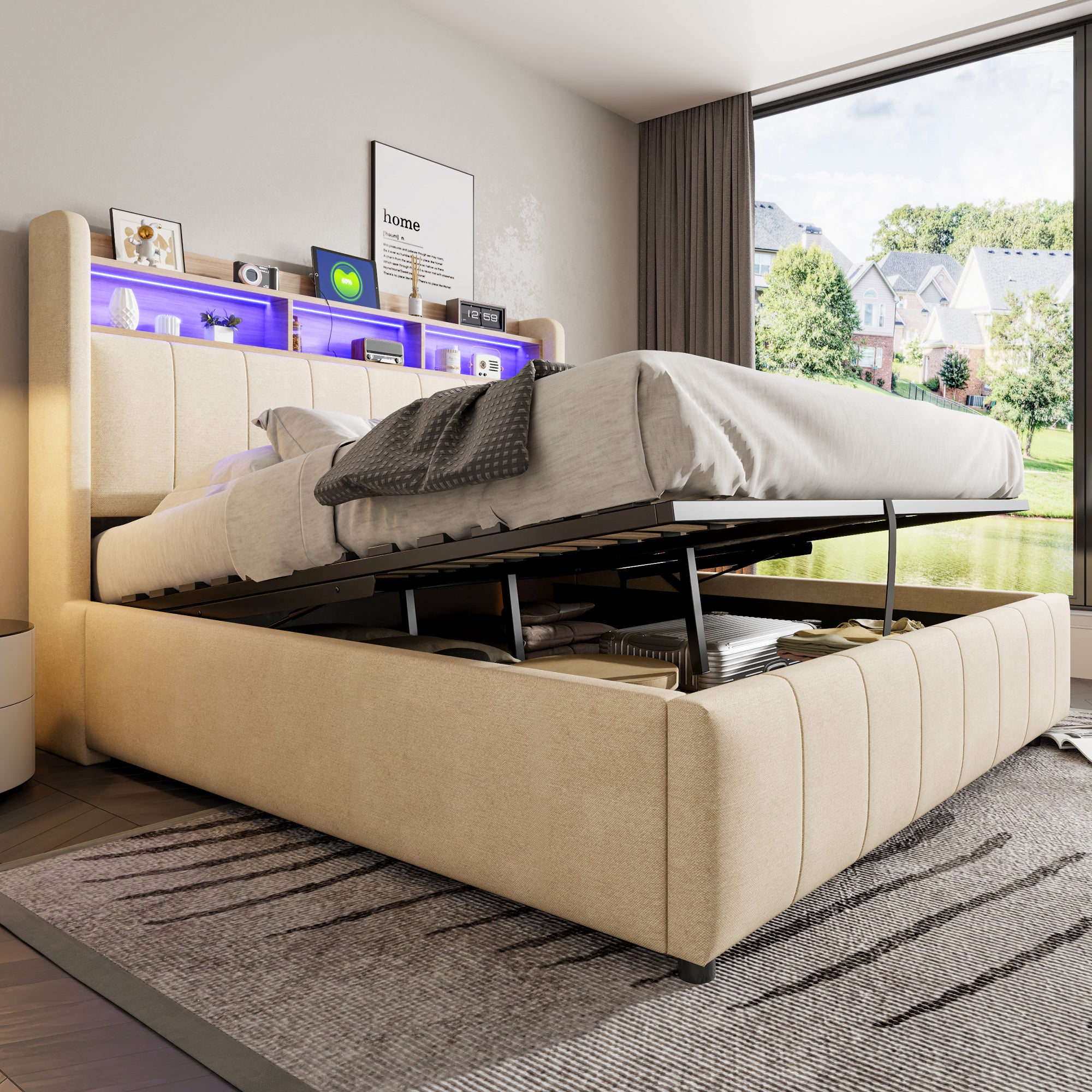 Lit coffre lit double 160 x 200 cm lit capitonné avec éclairage LED, prises USB et rangement, lin, beige - 3