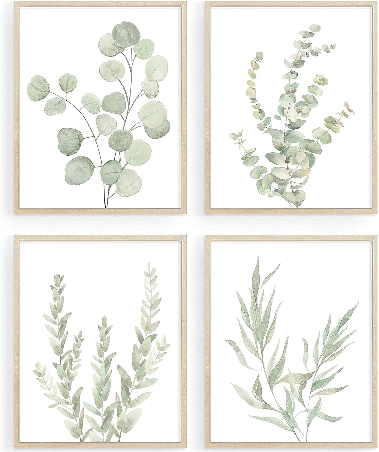 Zestaw 4 boho botanicznych wydruków ściennych do łazienki, bez ram, rośliny szałwiowo-zielone, 20 x 25