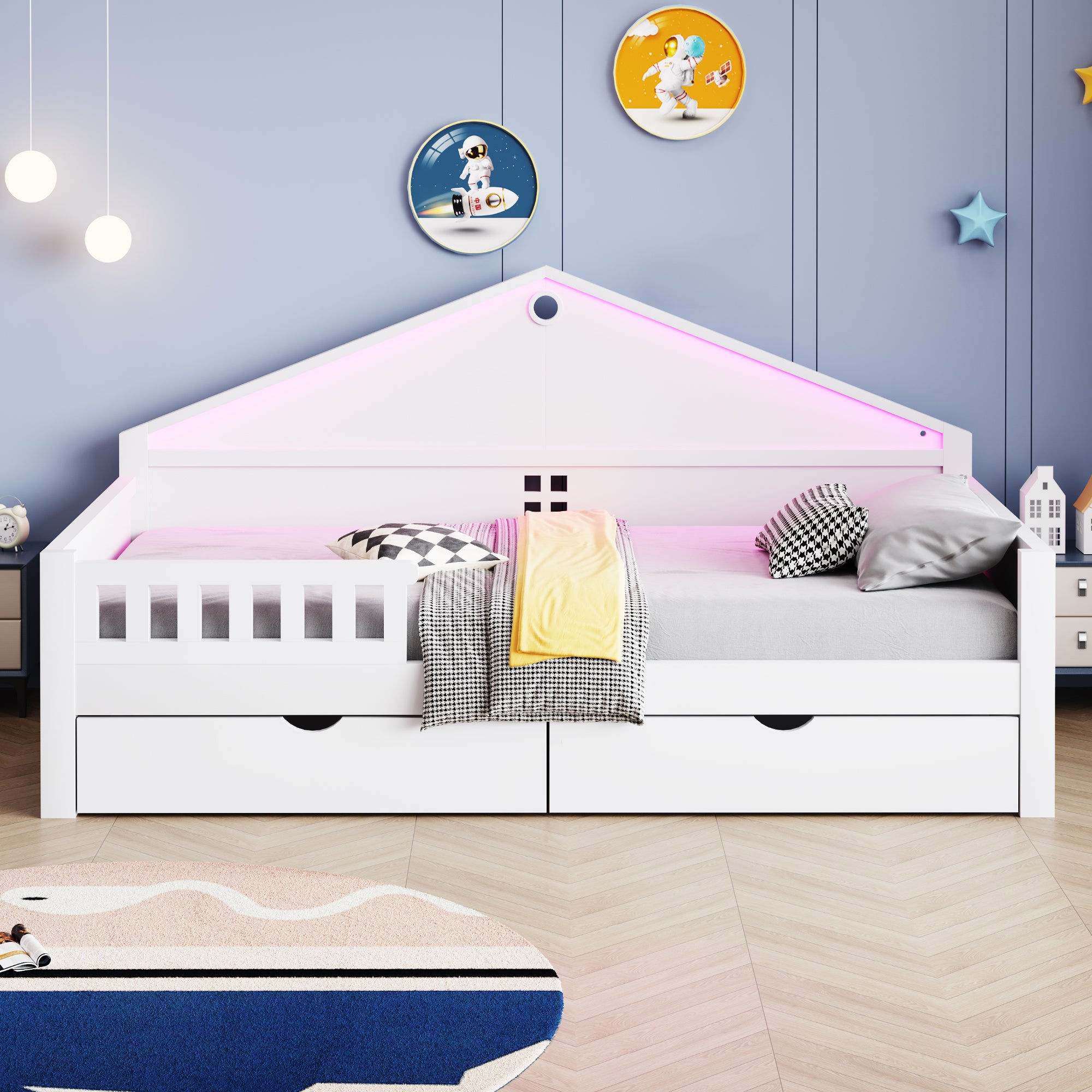 Łóżko dziecięce 90x200 cm - z oświetleniem LED - z 2 szufladami - stelaż lamelowy - biały​ (materac nie jest wliczony w cenę)