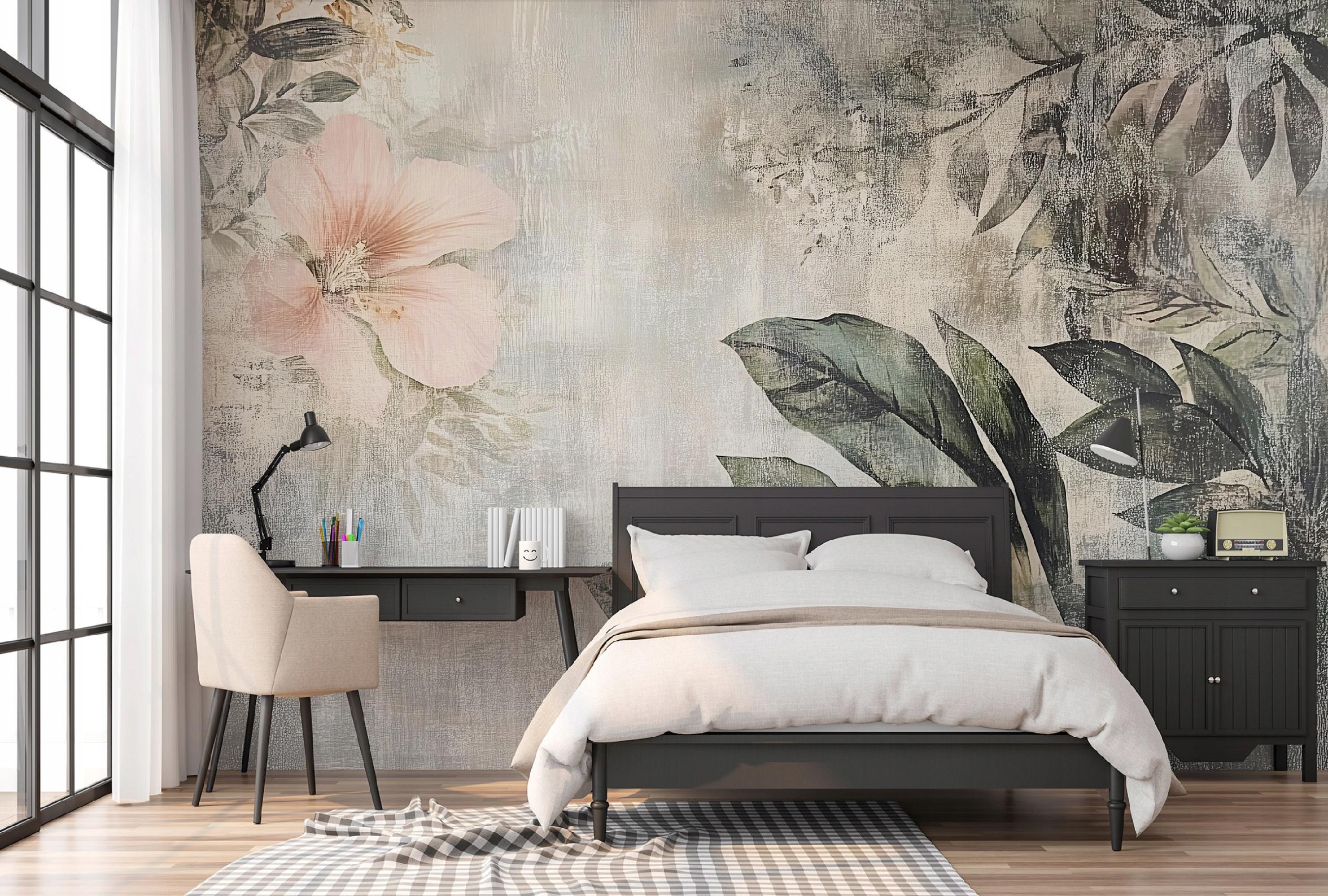 Papel pintado panorámico de hojas y flores de hormigón 350 x 250 cm (cola incluida) para dormitorio y salón mural de pared moderno. - 2