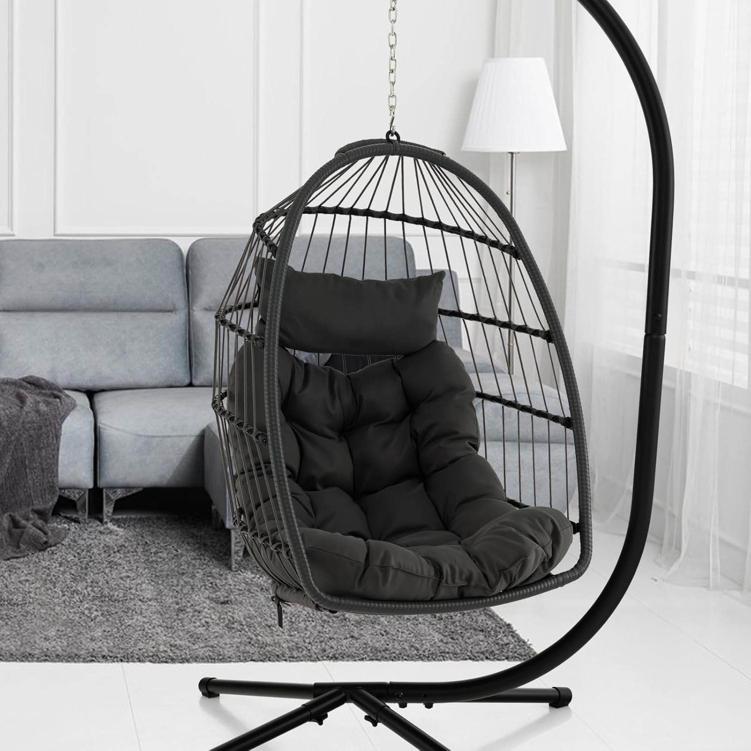 Silla colgante tipo huevo, columpio con almohada y cojín suave, silla colgante de ratán sintético, diseño plegable, capacidad de 150 kg (gris) - 8
