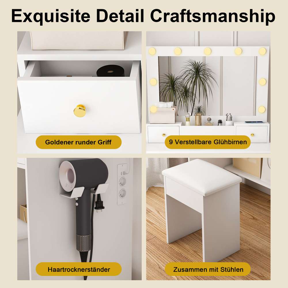 Tavolo Trucco con LED 3 Modalità, 4 Cassetti, Sgabello Incluso, Presa E Supporto Phon – Make-up e Styling - 7