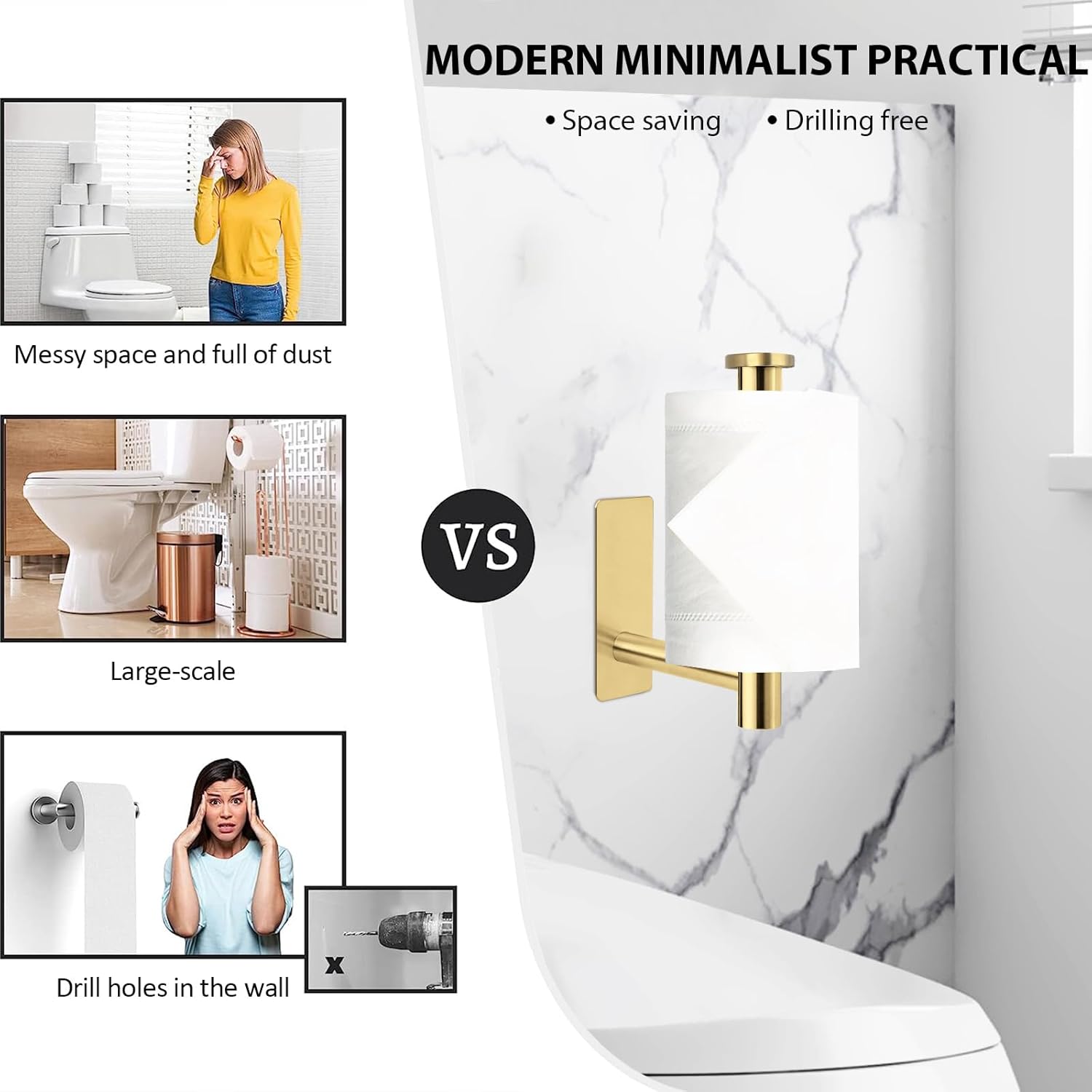 Uchwyt na papier toaletowy ze stali nierdzewnej, bez wiercenia, odpowiedni do łazienki i kuchni, złoty kwadrat - 3