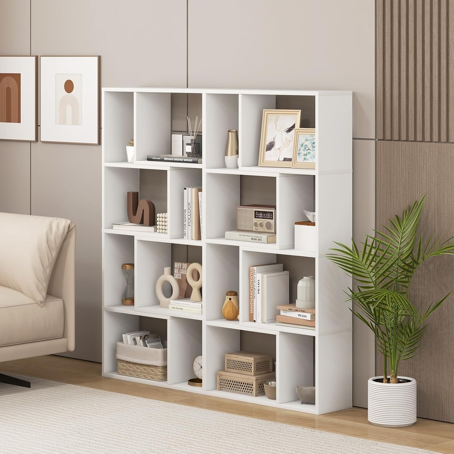 Bibliothèque Étagère à 8 Compartiments Ouvertes, Meuble de Rangement avec Kits Anti-basculement, pour Salon, Bureau, 20x60x120cm, Blanc - 4