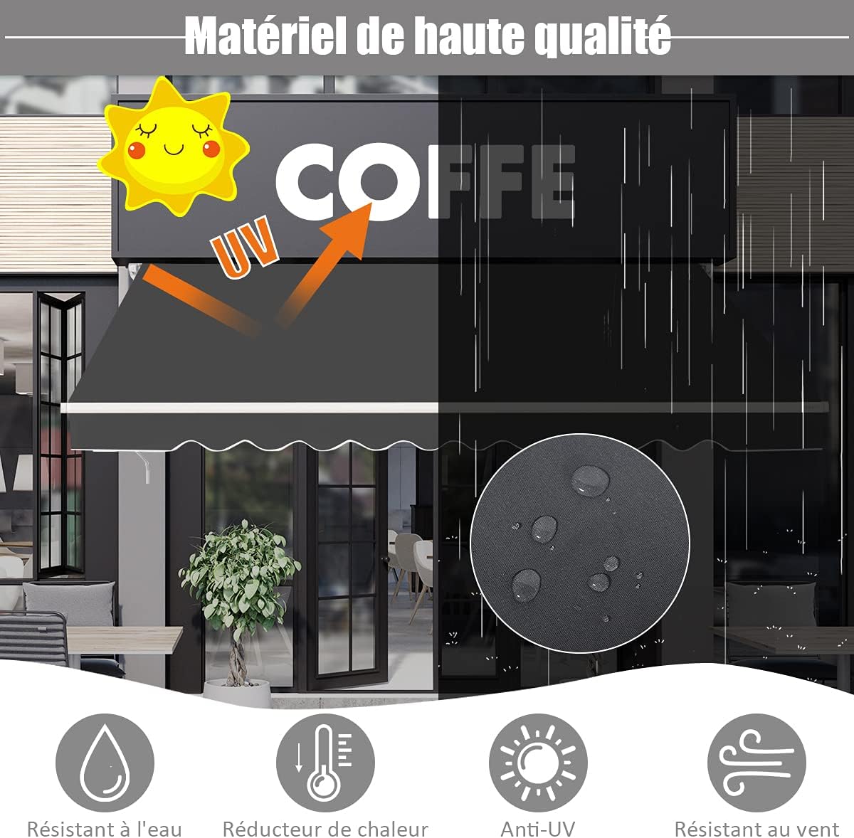 Store Banne Manuel 3,6Mx3M, Auvent de Terrasse Extérieur et Tissu Résistant aux UV avec Manivelle et Angle Réglable 5-35° pour Balcon, Terrasse, Gris - 5