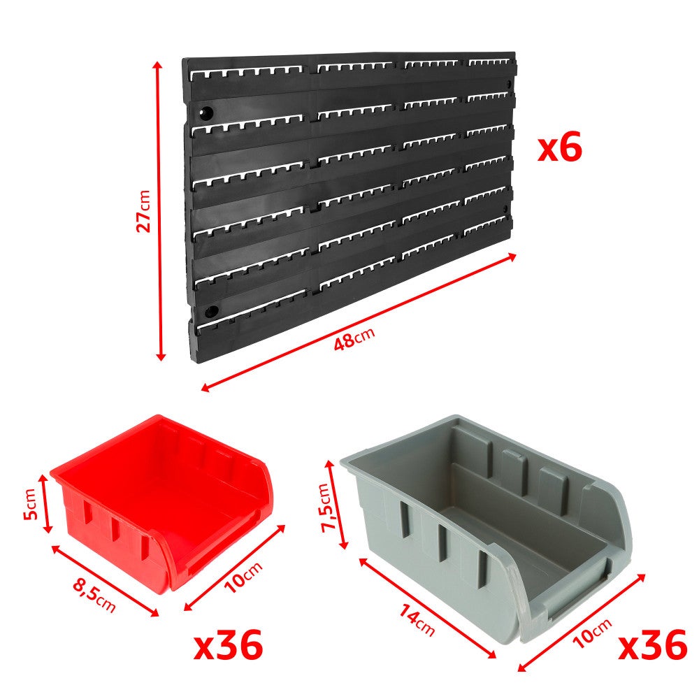 Etagère murale rangement outils - 72 bacs de rangement empilables - 6 panneaux 47,5 X 27,2 X 1,5cm - Rangement Atelier Garage - 2