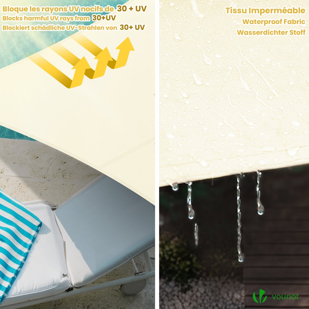 VOUNOT® Vela Ombreggiante Impermeabile Triangolare 5x5x5m, Tenda da Sole per Esterno in Polyester con Kit di Fissaggio, Beige - 4