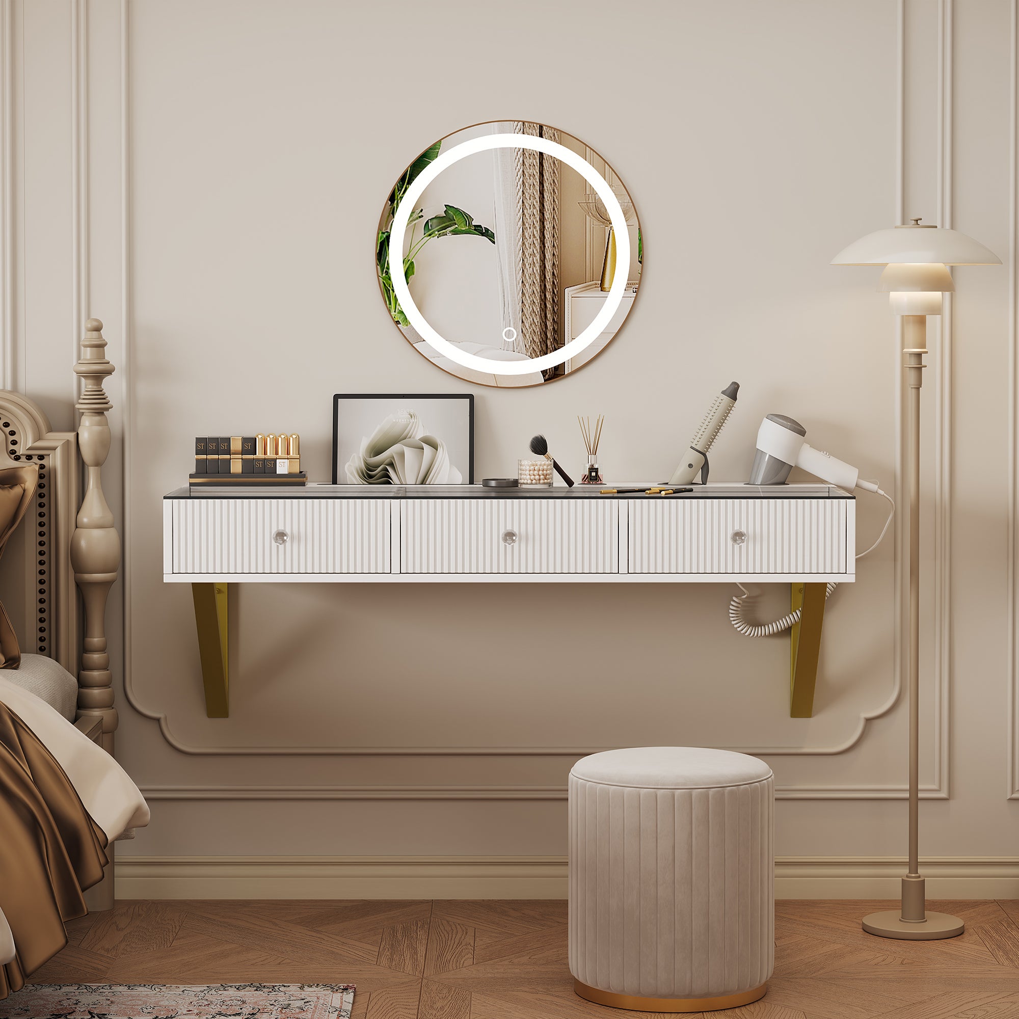 Coiffeuse murale avec 3 tiroirs - MDF + panneau de particules + plateau en verre - 120 x 40 x 45 cm - Blanc (sans tabouret et miroir) - 7