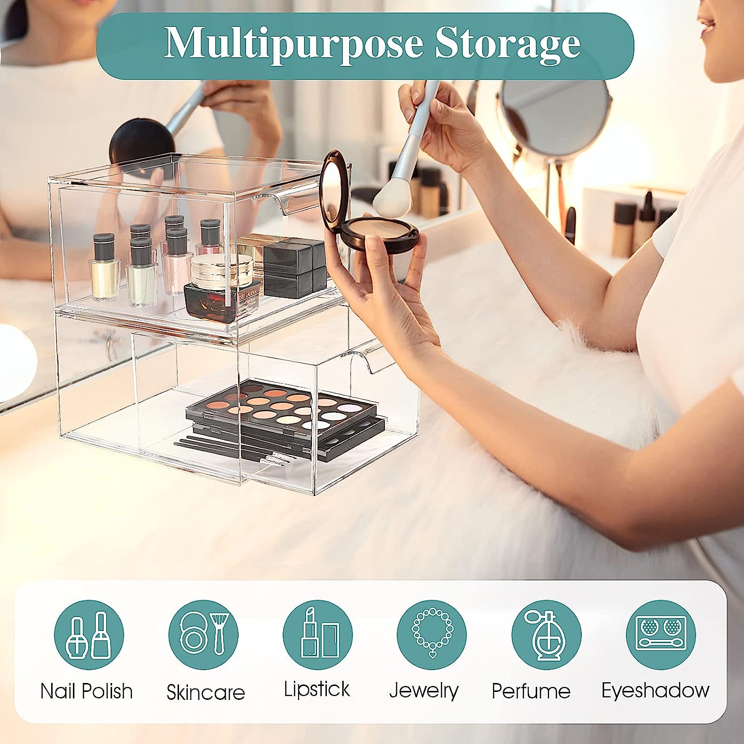 Pack de 2 boîtes de maquillage empilables et rangements tiroirs de rangement en plastique transparent avec poignées pour vanité et armoires de cuisine - 3