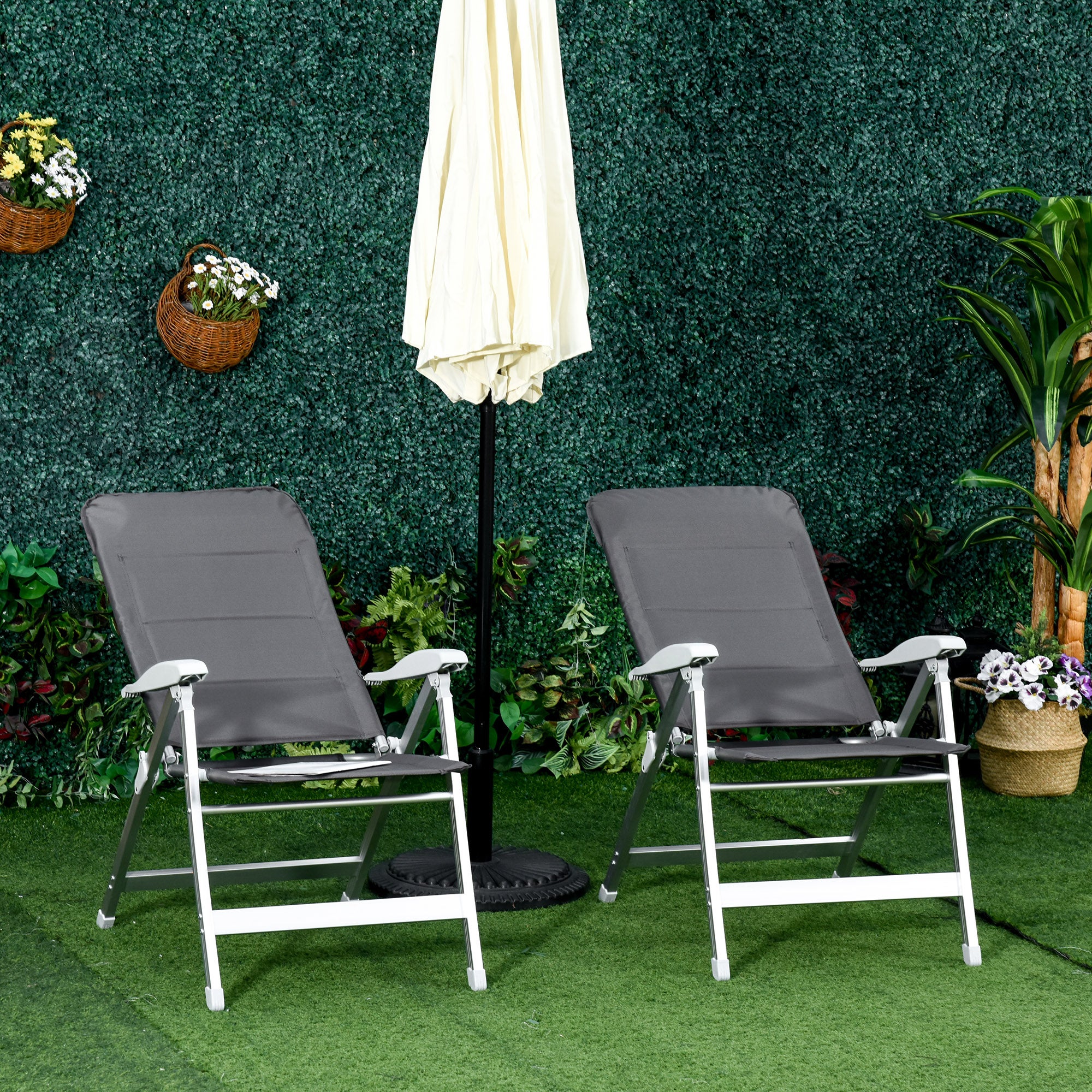 Lot de 2 chaises de jardin pliantes fauteuil d'extérieur avec dossier haut inclinable multipositions accoudoirs - 3