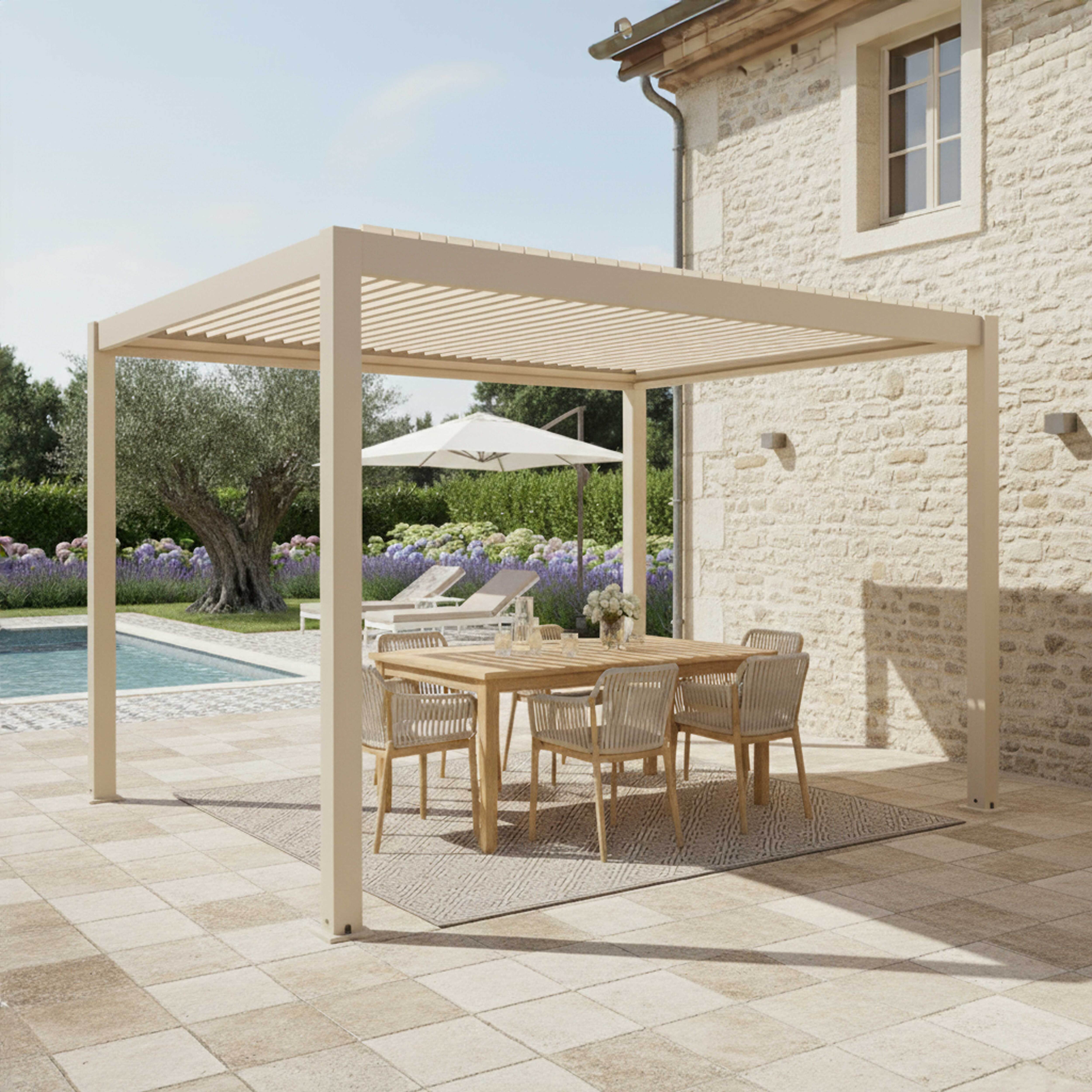 Pergola bioclimatique autoportée 3x4 m et 1 store bois crème ( 1 store 3,73 x 2,34 m ) Athenes- Oviala - 4