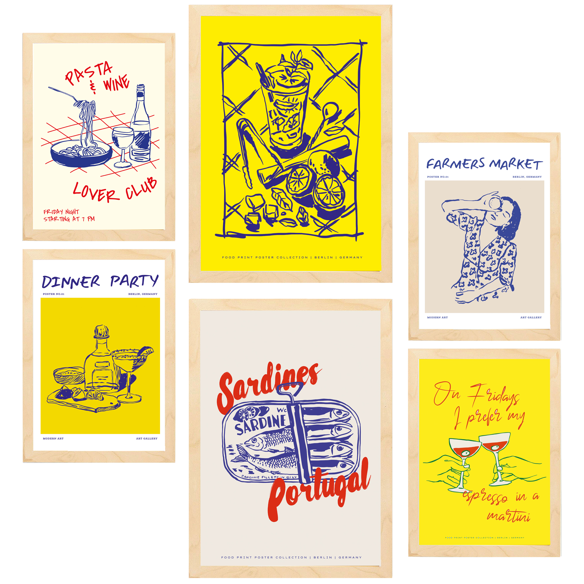 Nacnic set de 6 pósters ilustraciones de alimentos y comida estilo pop art amarillo marco madera clara