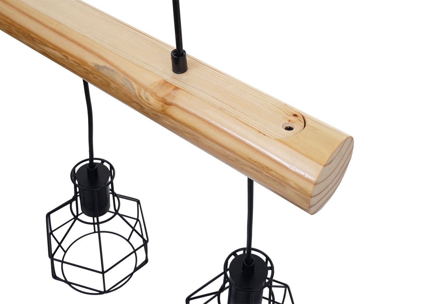 Lampe suspension lustre style industriel vintage bois massif métal noir 3 abat-jour en treillis 04_0003603 - 8