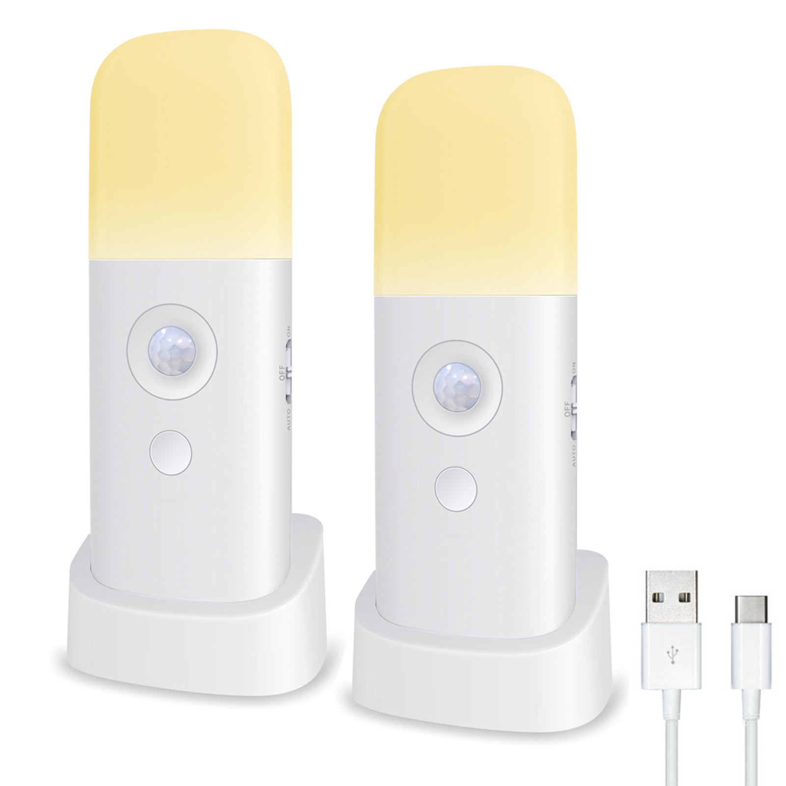 Zestaw 2 lampek nocnych z czujnikiem ruchu, ładowalne, przenośne, z kablem USB, bezprzewodowy kinkiet z automatycznym włączaniem i wyłączaniem p