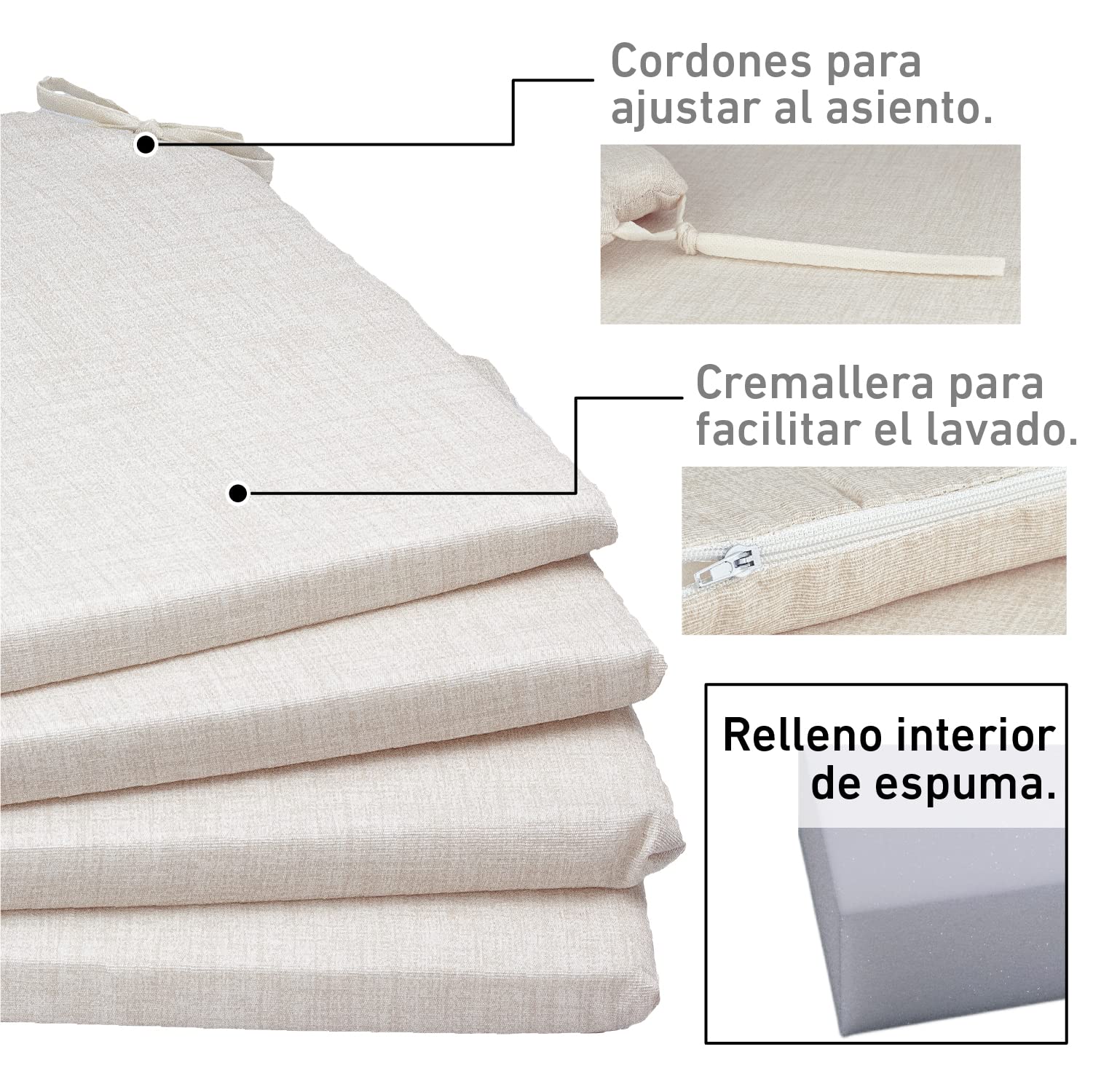 TIENDA EURASIA® Pack 4 Cojines para Sillas, 2 Cintas de Sujeción, Interiores y Exteriores, 40x40x3 cm, Crudo - 3