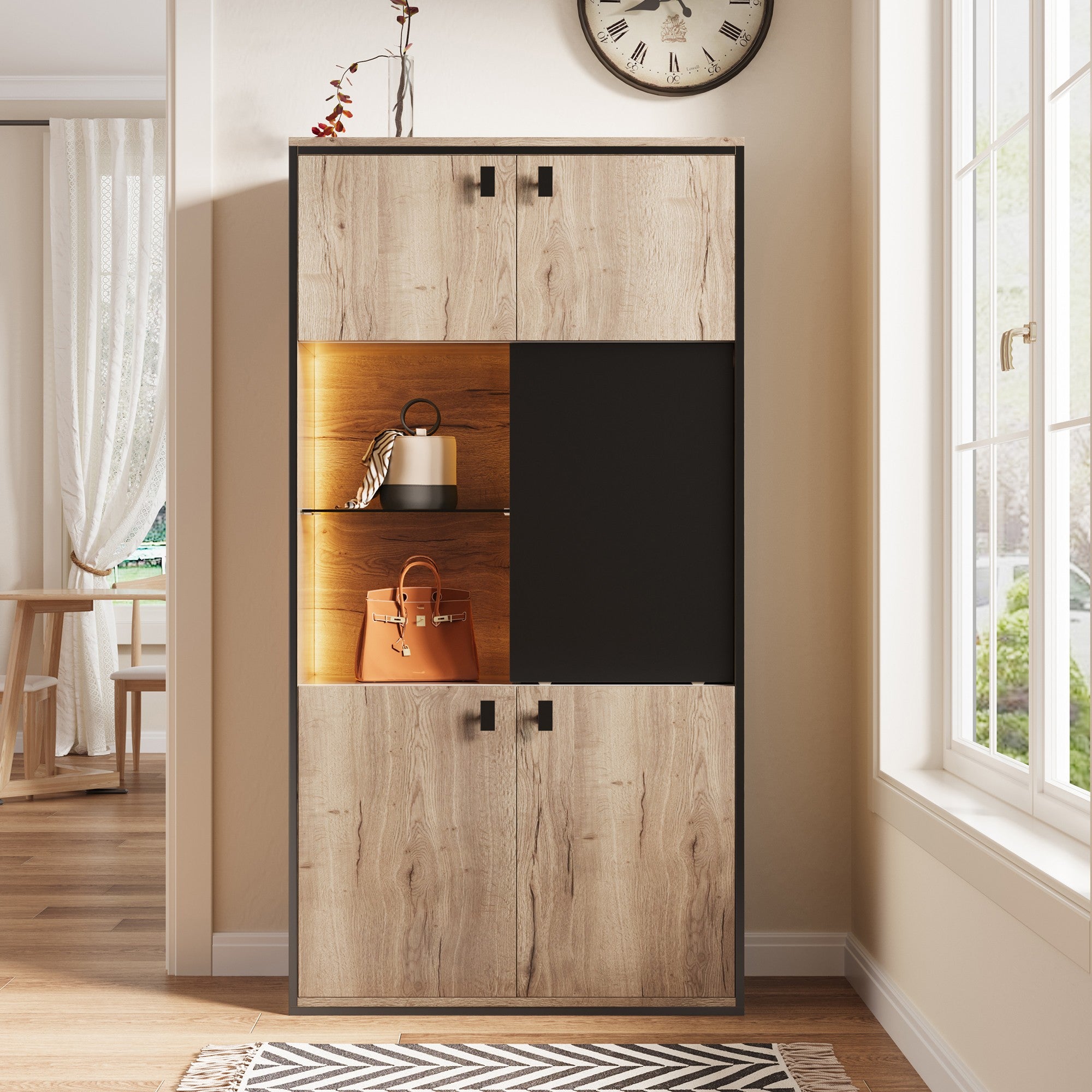 Armoire de Rangement 150cm Effet Bois & Noir - Buffet Haut avec Porte Coulissante & Placard - Style Industriel Bureau Salon - 2