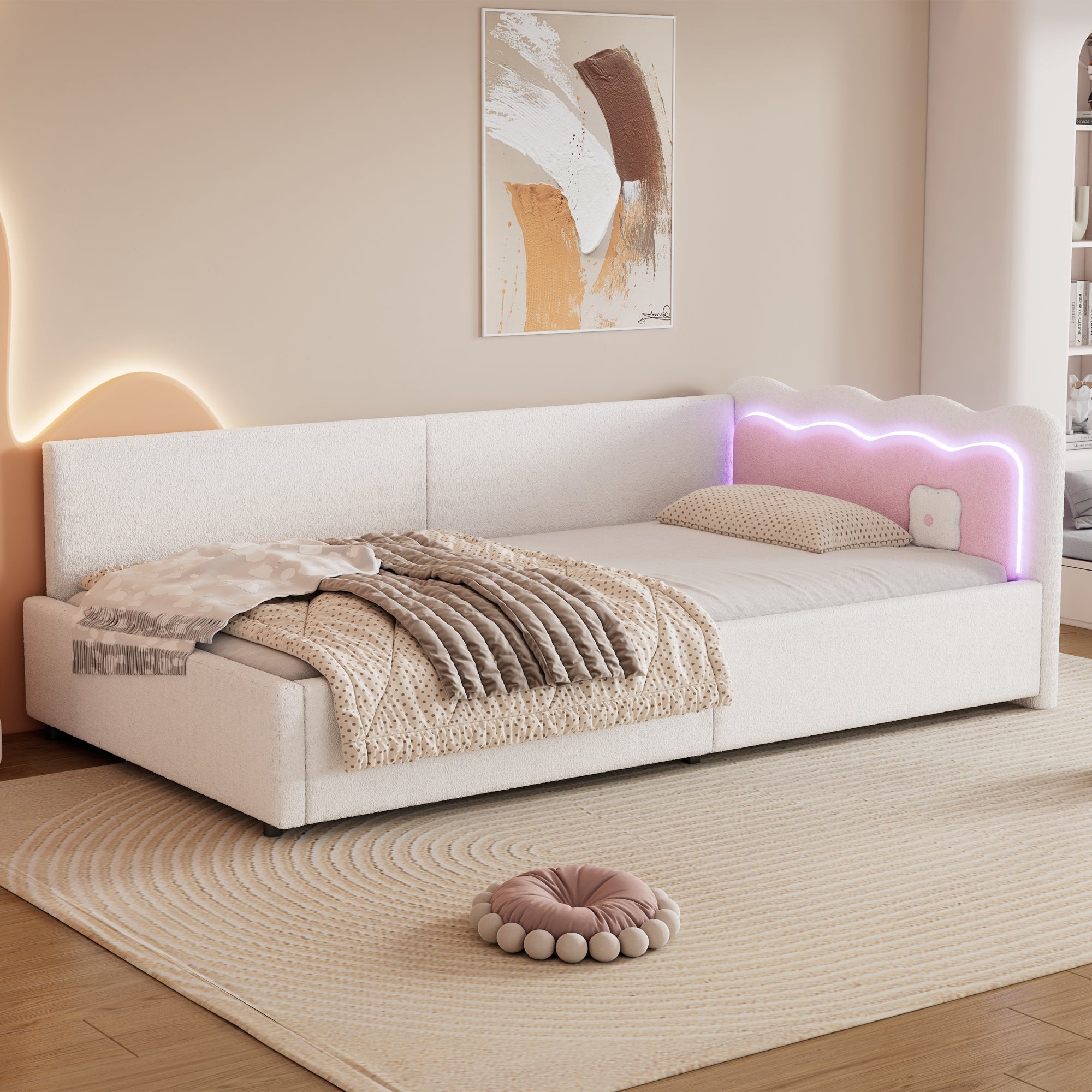 Łóżko tapicerowane 90 x 200 cm z wezgłowiem i stelażem z listew - Imitacja polaru - Diody LED - Białe (bez materaca)