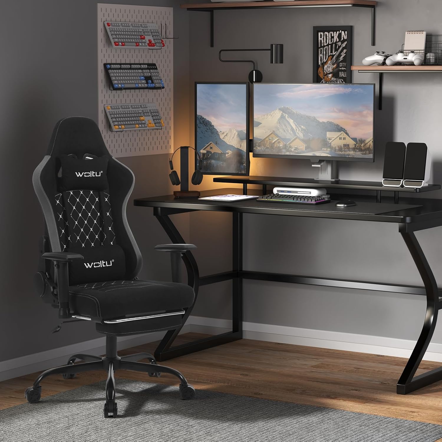 Chaise Gaming WOLTU - Ergonomique Avec Dossier Inclinable 135°, Repose-pieds Rétractable, Accoudoirs Reliés - Faux Daim Noir - 8