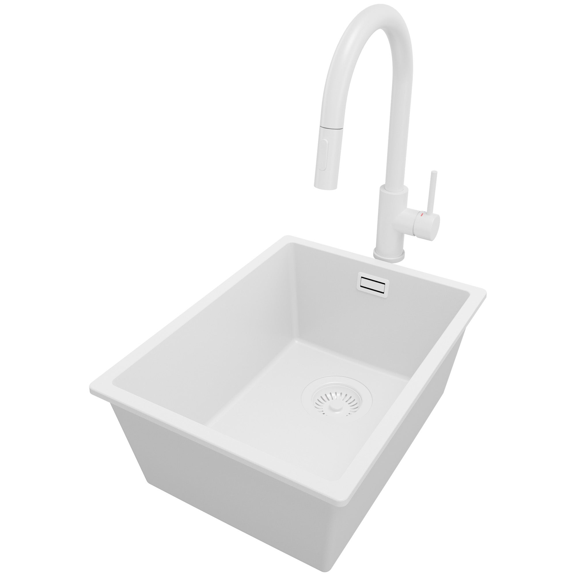 Zlewozmywak Granitowy Cały Biały 36x47cm, Zlew Kuchenny 1 Komorowy + Bateria 40x20cm + Syfon, Nablatowy do szafki od 40cm - Londyn Slim PRIMAGRAN