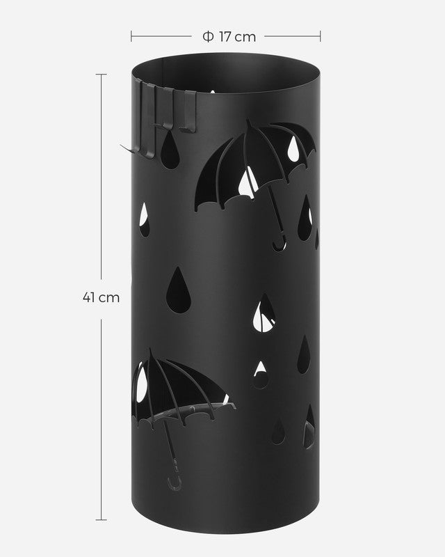 Porte-parapluie Design, Rond, en Métal, avec 4 Crochets, Bac de Récupération d'Eau Amovible, 17 x 41 cm (Ø x H), pour Entrée, Couloir, Noir - 4