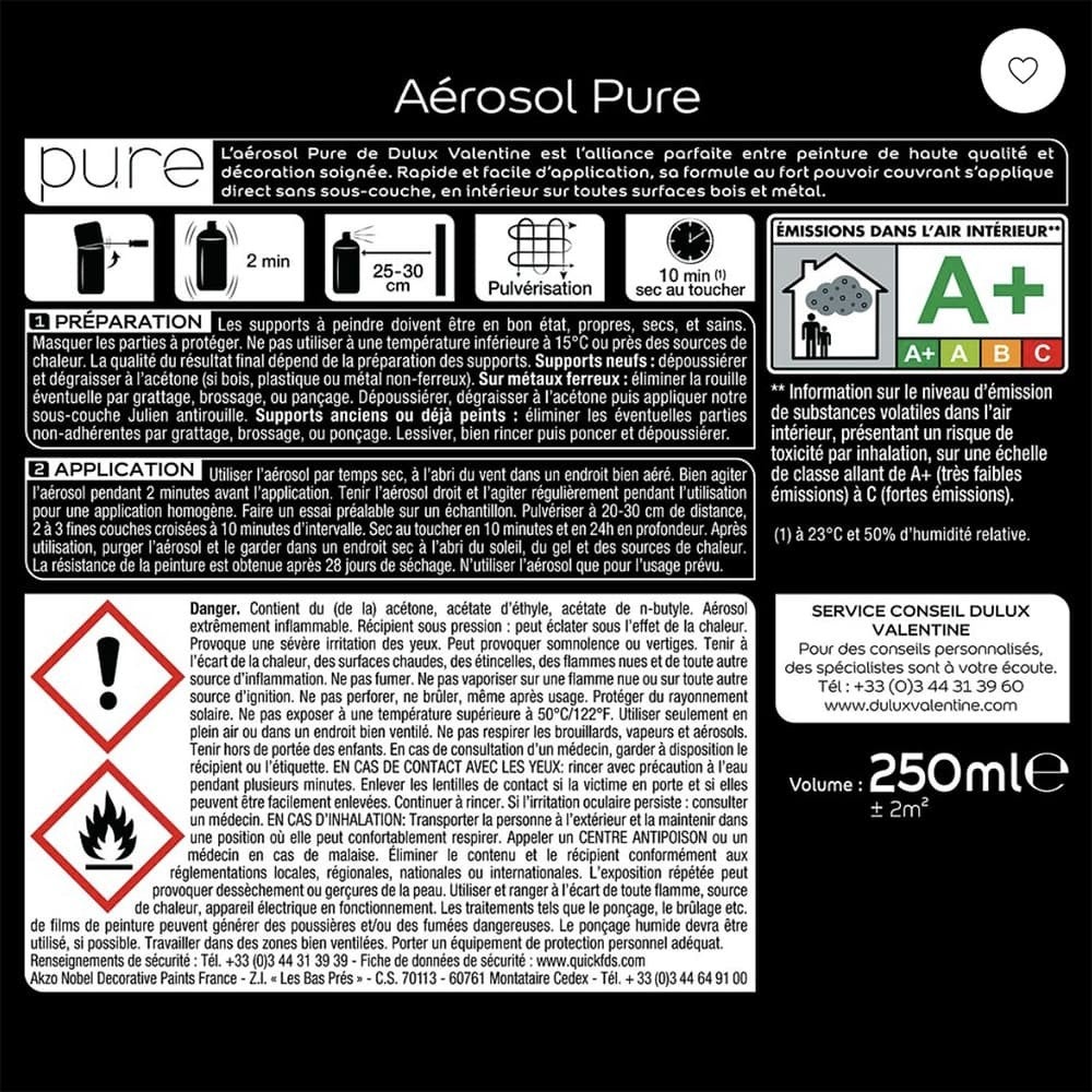 Bombe de Peinture murs & boiseries Dulux Valentine Pure Bleu 0,25 L - Contenance : 0,25 L - 3