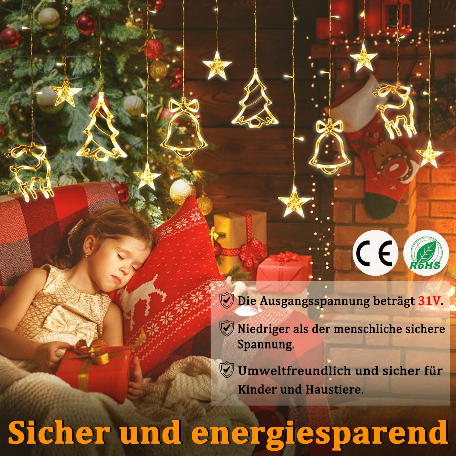 Guirlande Lumineuse Noël pour Intérieur Exterieur - 138 LED String Lights 8 Modes Guirlande de LED aver Étoiles & motifs de Noël, IP44 - Blanc Chaud - 6