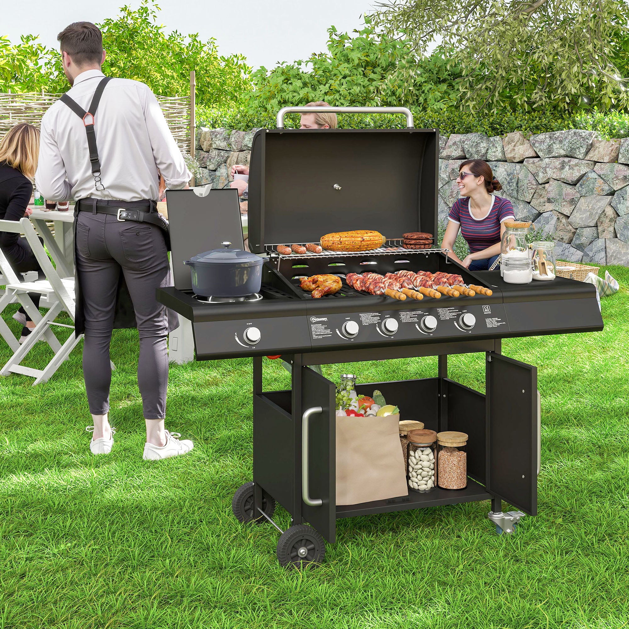 Outsunny Barbecue a Gas con Fornello Laterale, Tavolino e Armadietto, in Acciaio e PP, 129.5x56x110 cm, Nero - 2