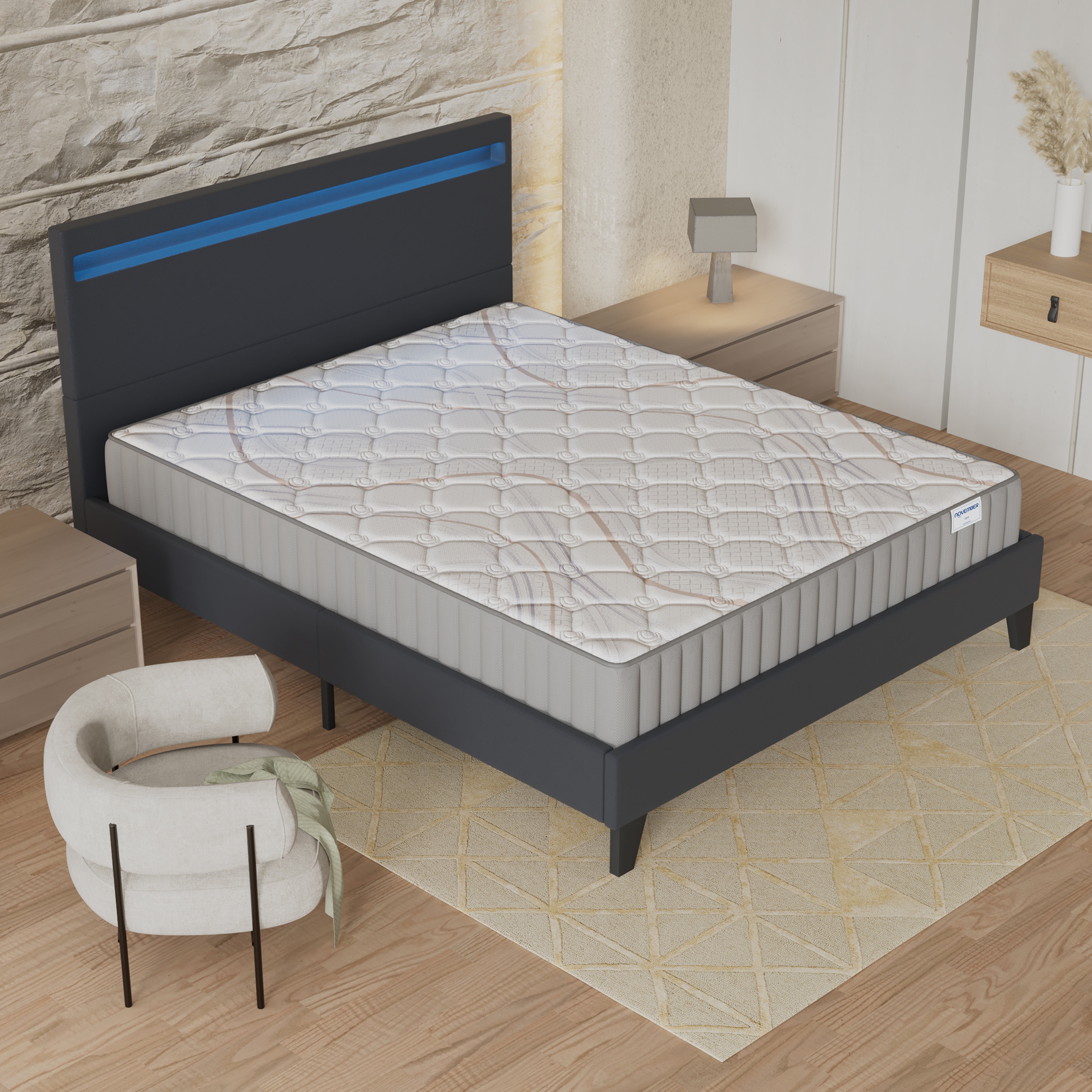 Ensemble Matelas + lit 140x200 cm, Matelas 16cm mousse, accueil latex, lit à tête de lit LED similicuir noir - 6
