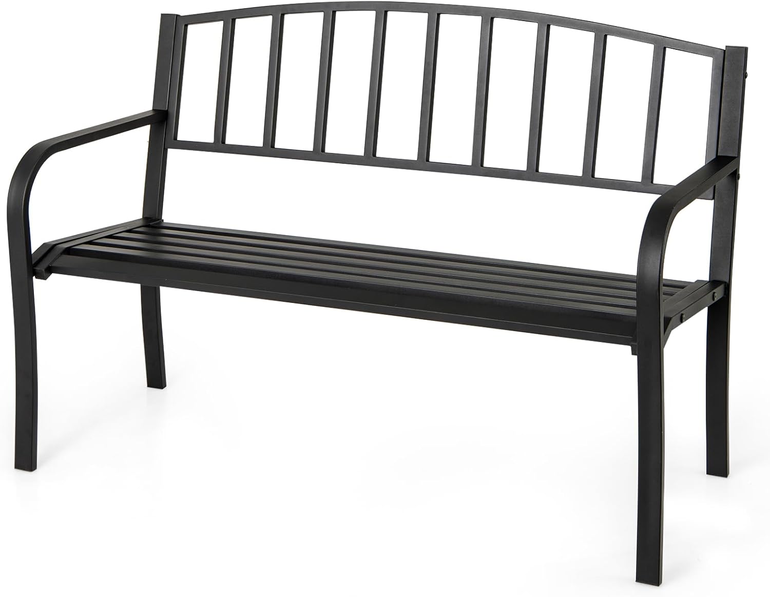 Ławka Ogrodowa na 2 Osoby, 127 x 59 x 81 cm, Metalowe Siedzisko z Oparciem, Podłokietnikami i Wygiętym Siedziskiem (Pionowe, Czarne)