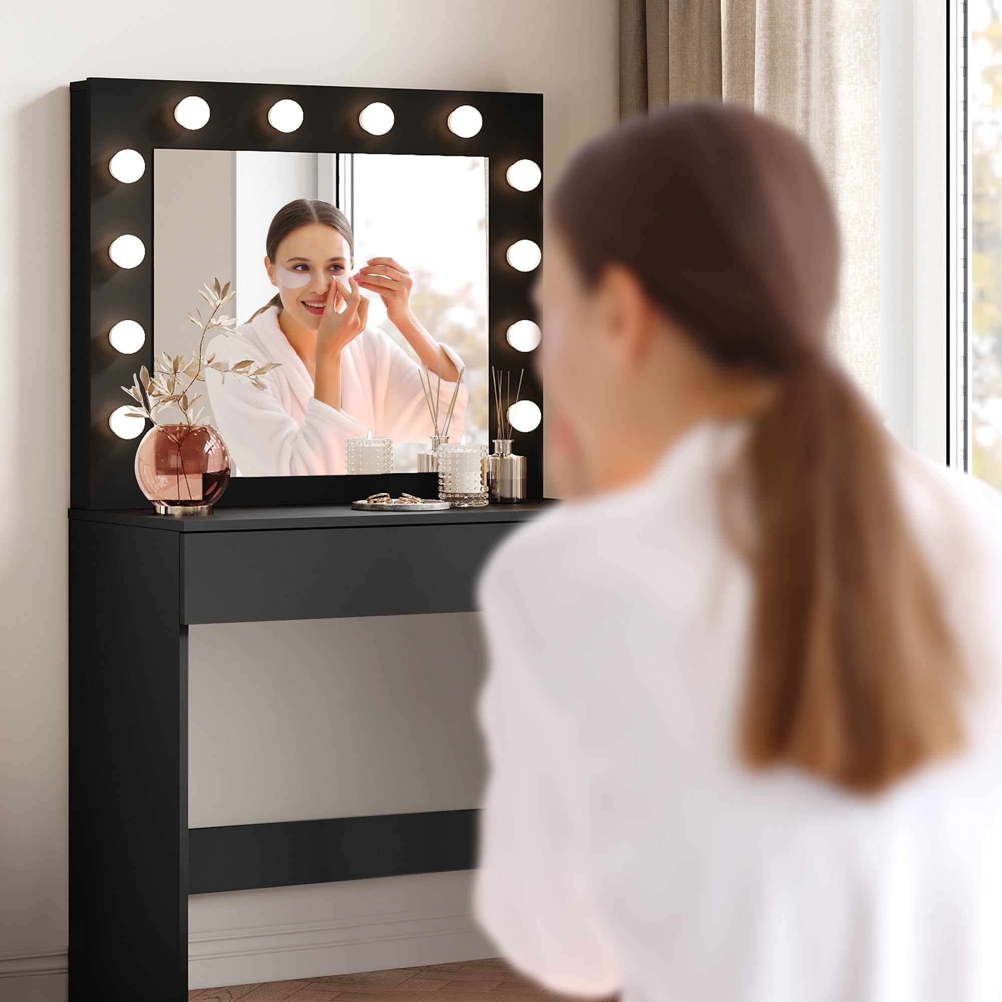 SIRHONA Coiffeuse avec Miroir et Tabouret Blanc,Ensemble de Coiffeuse avec Ampoules LED à Intensité Variable,Grand Tiroir,Noir 80x40x140cm - 2
