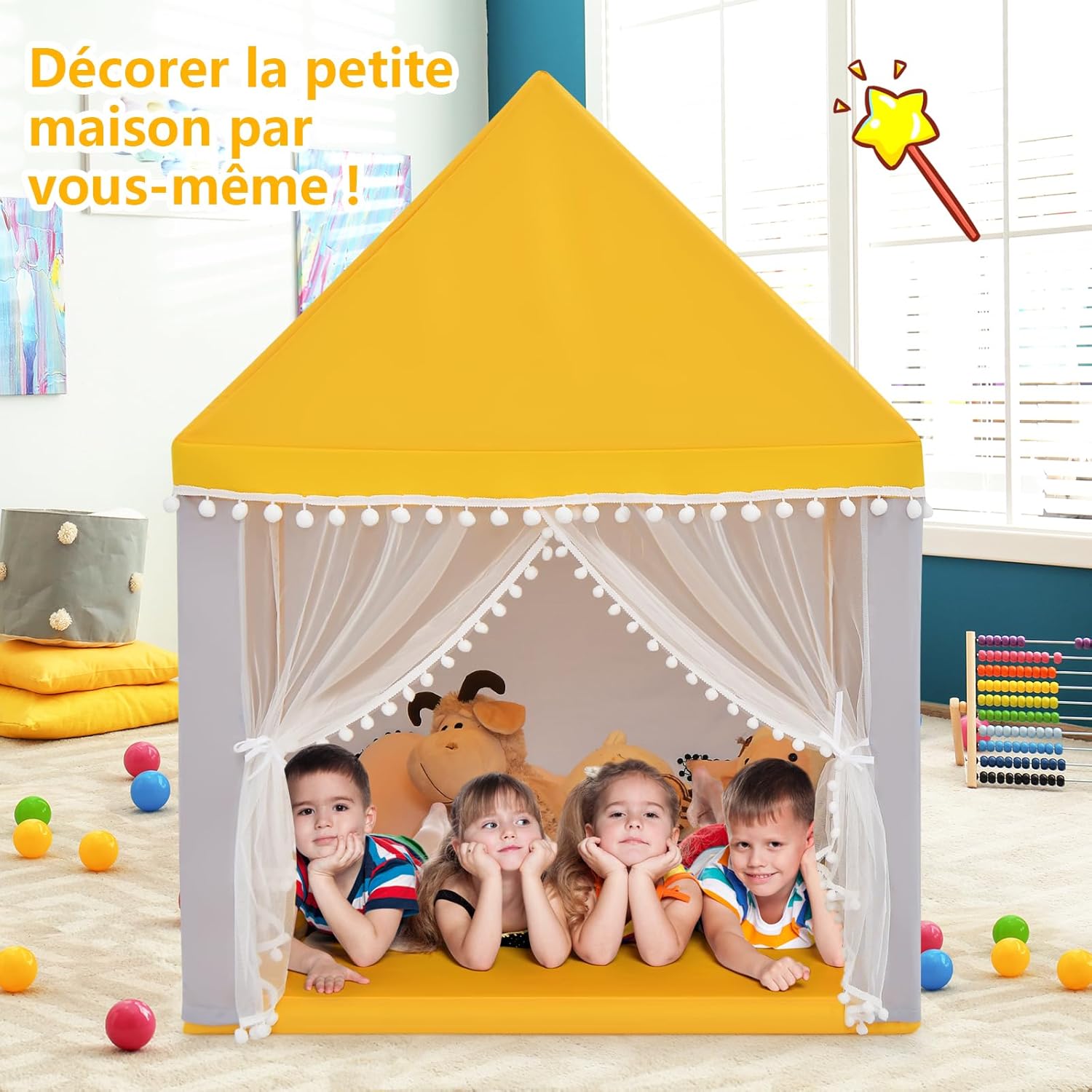 Tenda da Gioco Casetta per Bambini, Castello Giocattolo in Legno Cotone, con Struttura Stabile e Finestre Traspirabili, 105x120x140 cm (Giallo - 6