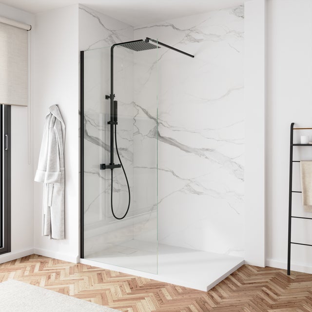 Paroi de douche à l'italienne 100 cm, verre transparent 8 mm anti-calcaire, h200, profilé noir | Keros
