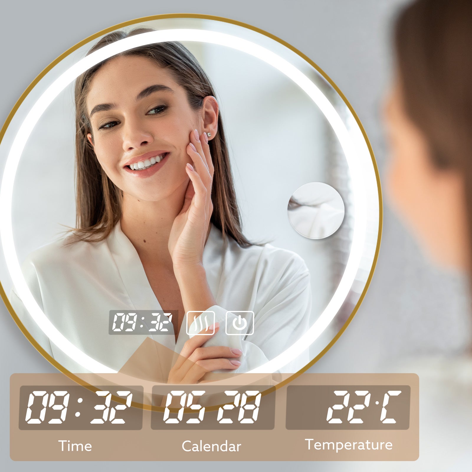 Miroir salle de bain LED 60x60cm anti buée à luminosité variable avec cadre doré - Eclairage 3 Couleurs - Miroir mural tactile à LED - 2