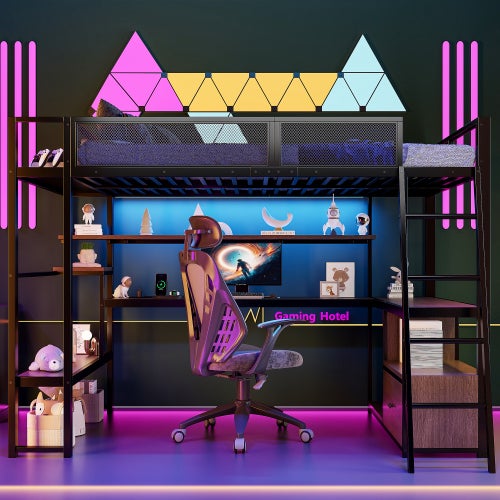 Lit Mezzanine 2 Place avec LED, Lit Superposé Enfant 140x200 avec fnombreux rangements et poste de travail intégré,Noir(Sans Matelas) - 7