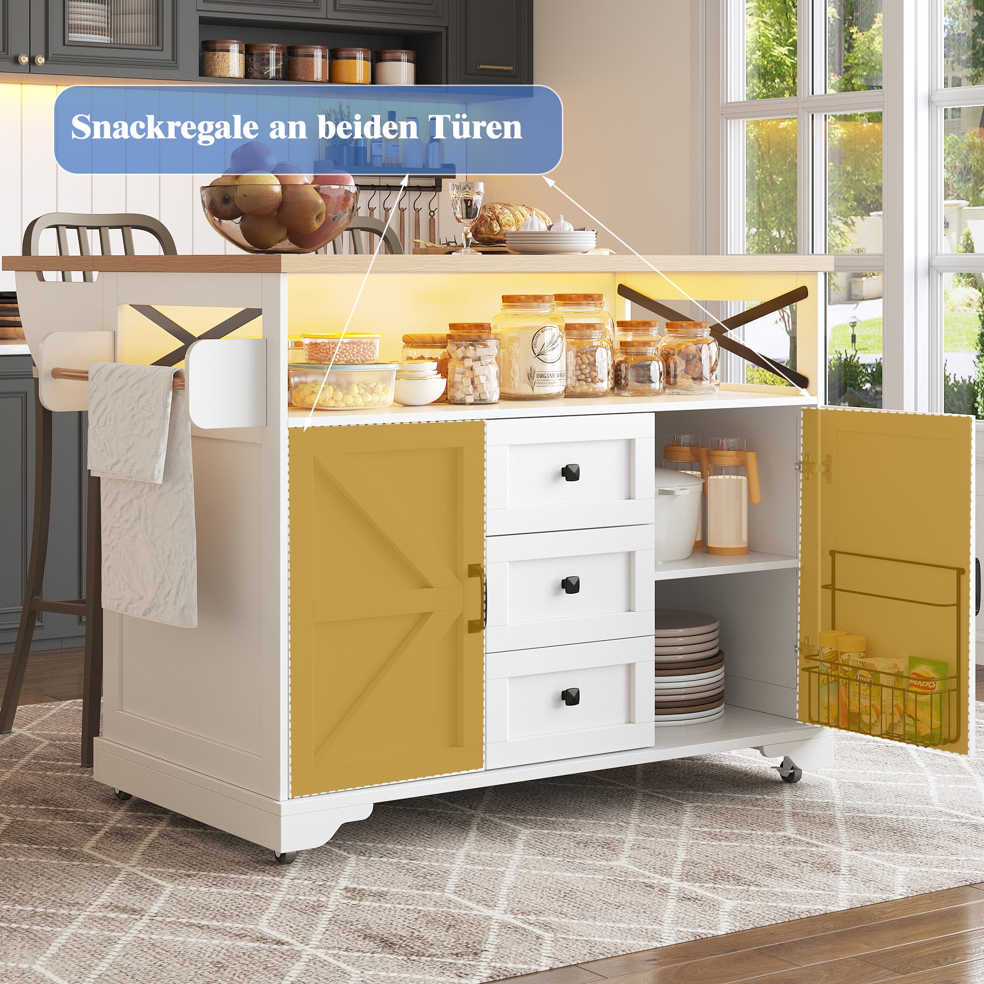Ilot central de cuisine avec Table Rabattable - 120x43-71x98 cm, Buffet d'Îlot avec LED et Rangements,Buffet de cuisine avec Porte-Snacks et 3 Tiroirs - 6