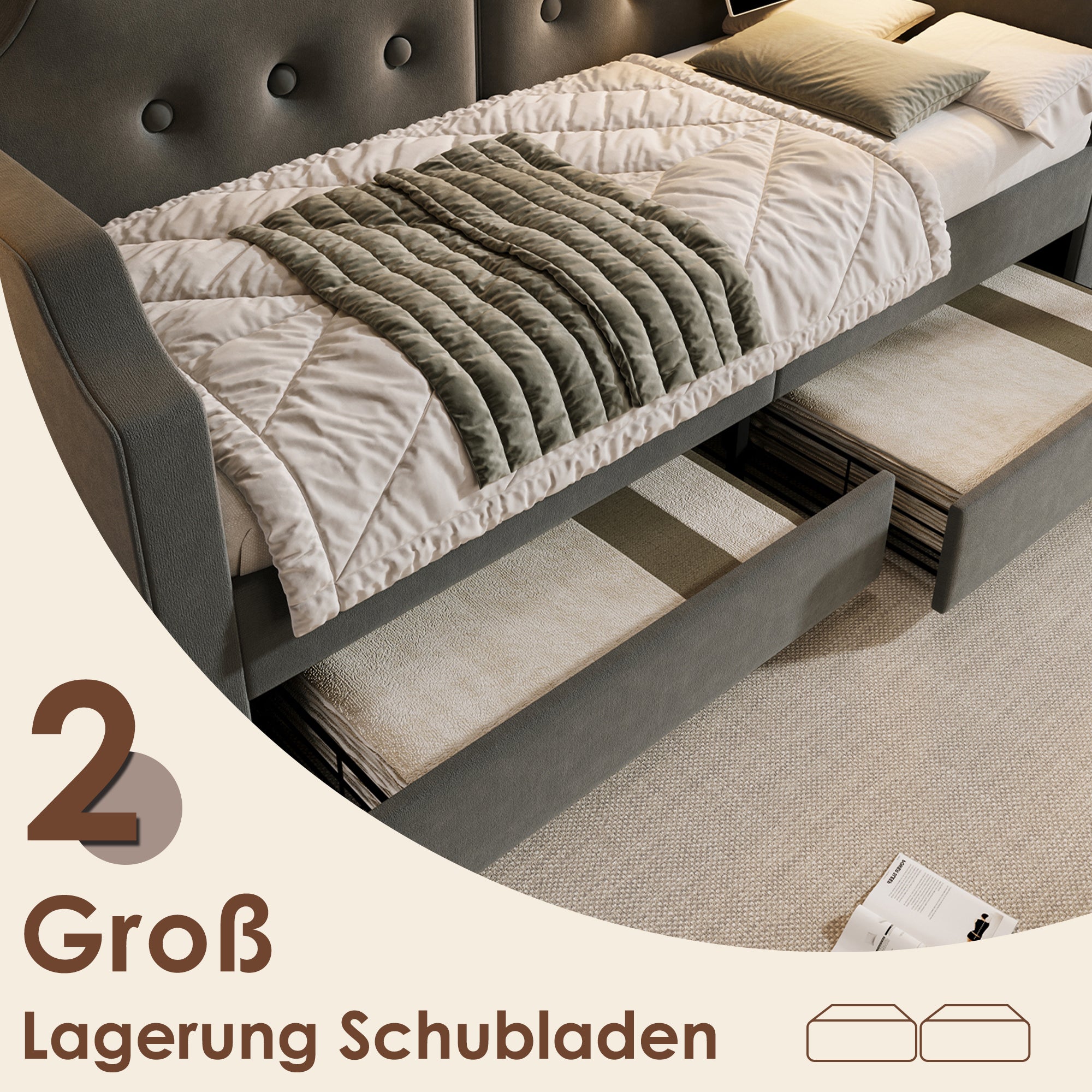 Letto Singolo Imbottito 90x200 Cm Con Ricarica USB-C E Cassetti - Grigio, Con Rete A Doghe In Metallo