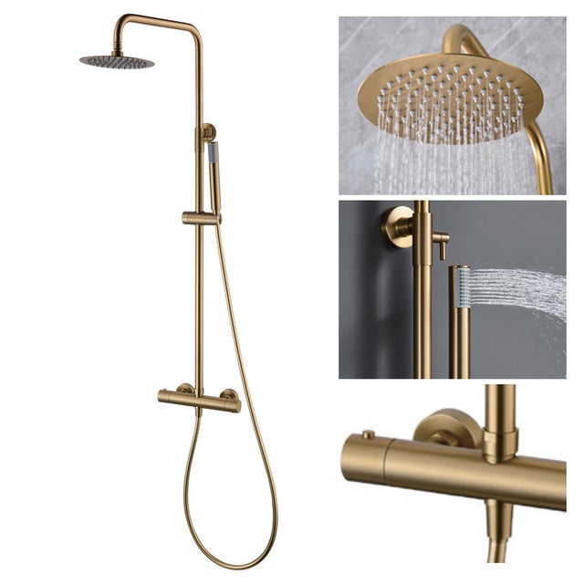 Columna de ducha con grifo termostatico | Rociador Redondo acero inox. S.304 Ø20 cm | Extraplano Antical Acabado Oro Cepillado