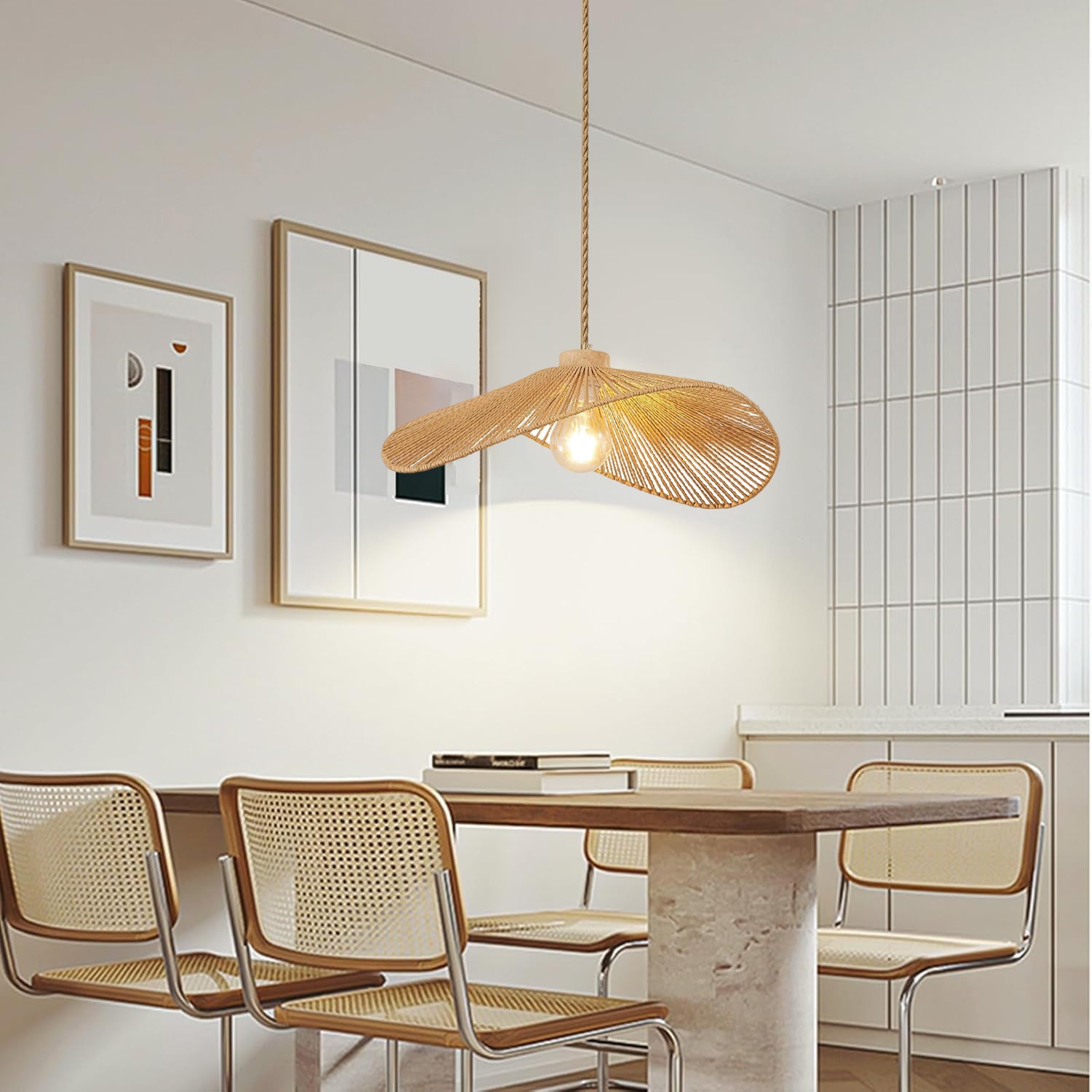 Suspension bohème, lustre en corde de chanvre tressée à la main, lampe suspendue de style wabi-sabi, plafonnier avec ampoule, lumière chaude, φ40cm - 2