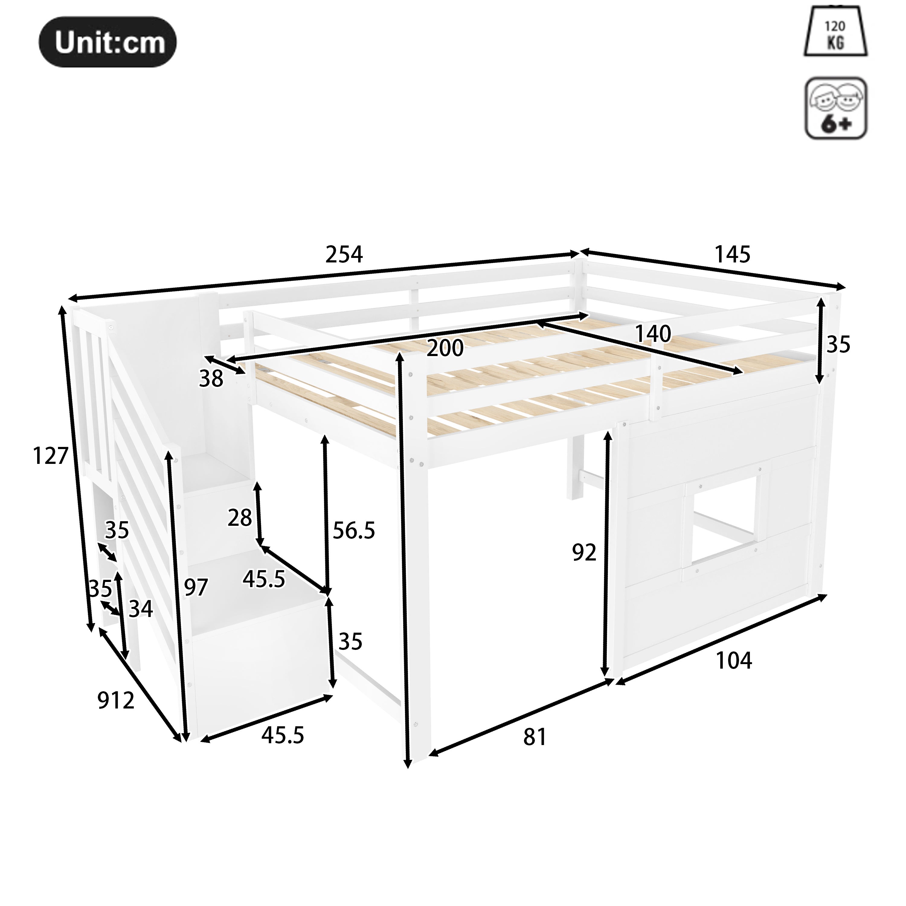 Lit mezzanine 140 x 200 cm avec escalier de rangement et fenêtre - MDF + pin - Blanc (Sans matelas) - 6