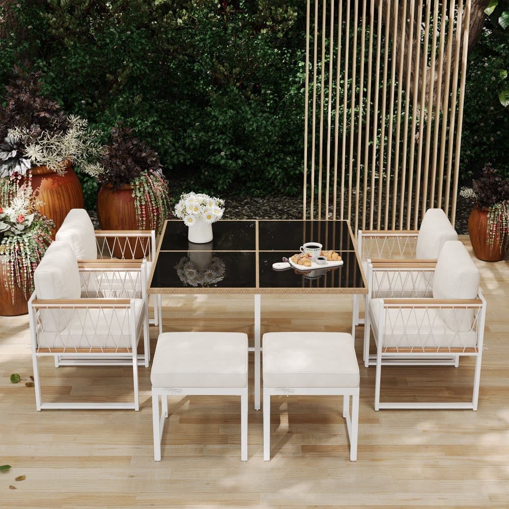 Set da pranzo da giardino per persone, tavolo in vetro temperato