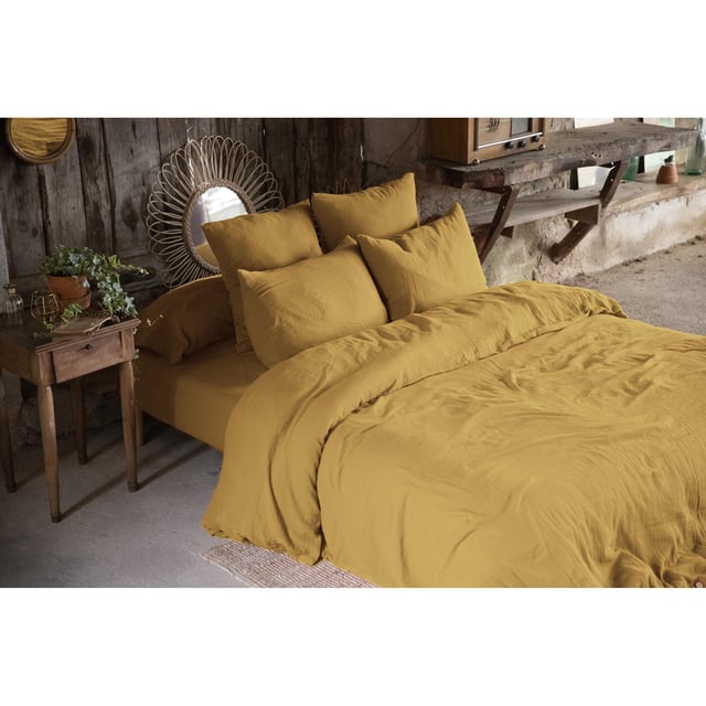 Pack gaze de coton parure de couette 220x240 cm + drap housse 140x190 + 2 taies 50x70 Jaune