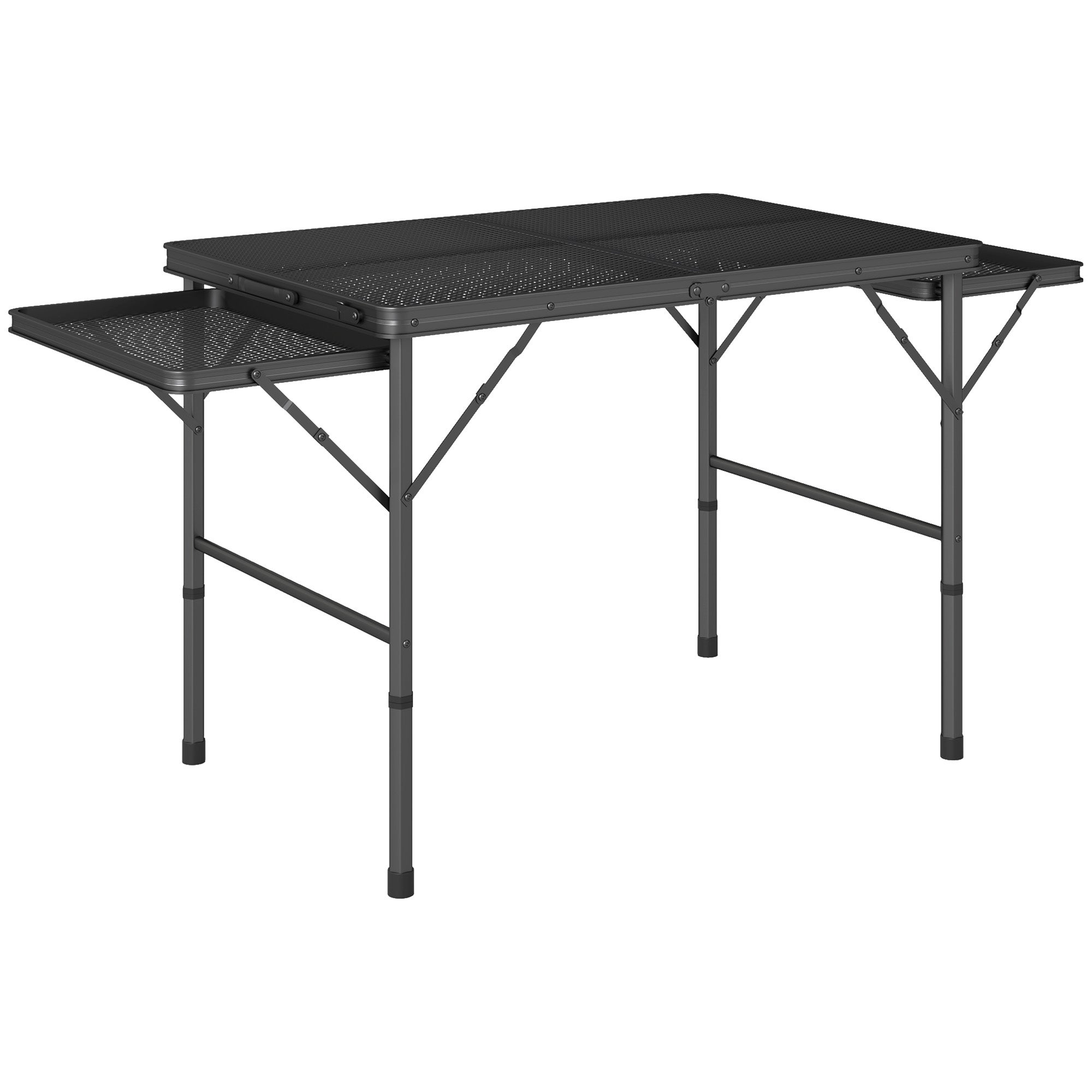 Mesa plegable camping aluminio 137x62x67cm laterales abatibles altura ajustable portátil negro