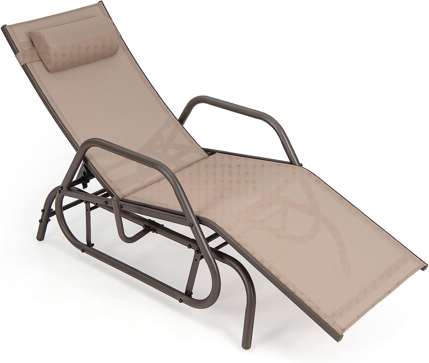 Leżak do opalania z funkcją huśtawki, leżak ogrodowy z regulowanym oparciem, leżak z poduszką, oddychający materiał, leżak relaksacyjny (brązowy)