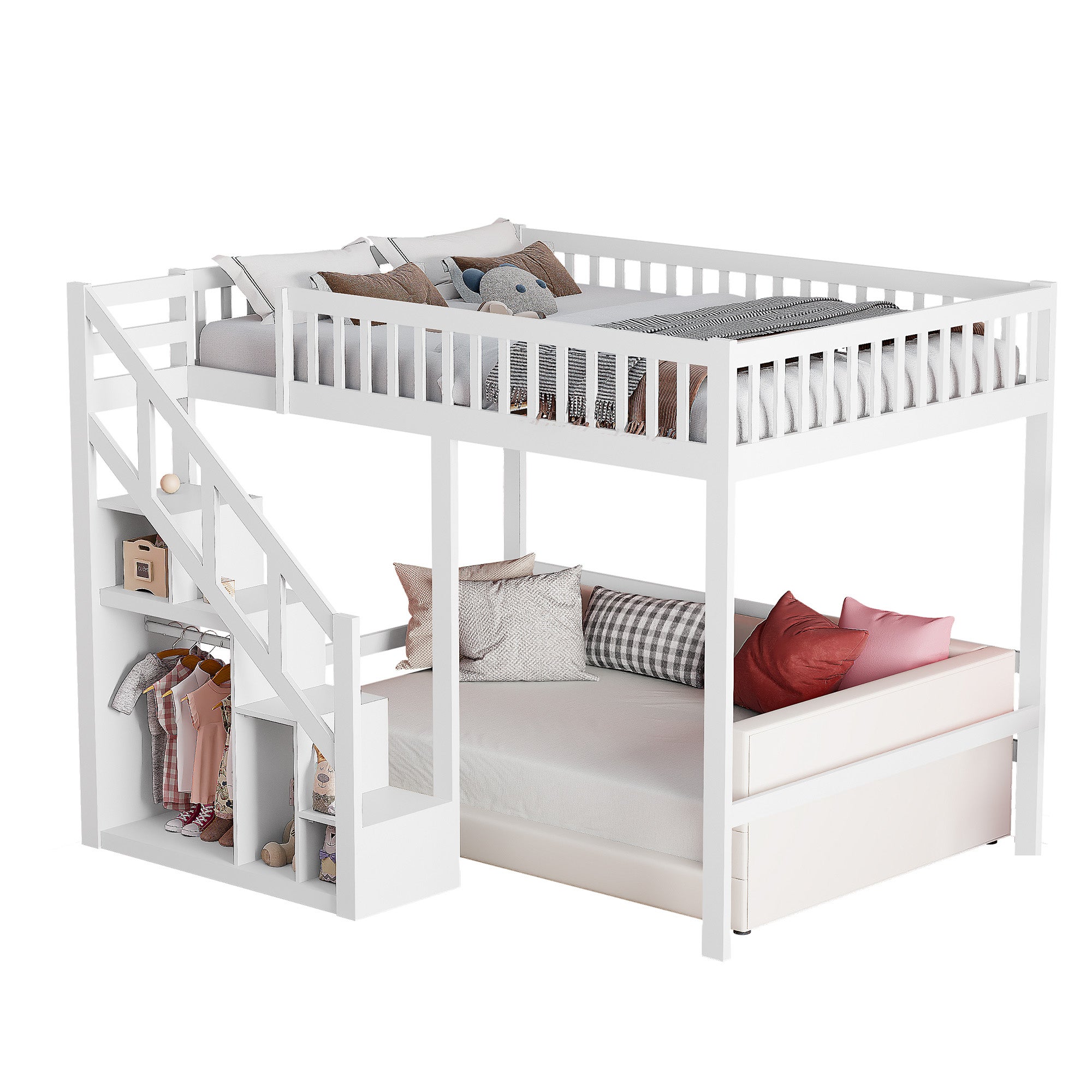 Lit Mezzanine 90 x 200 cm, Multifonction Lit Enfant avec Espace de Rangement Escalier, Blanc - 9