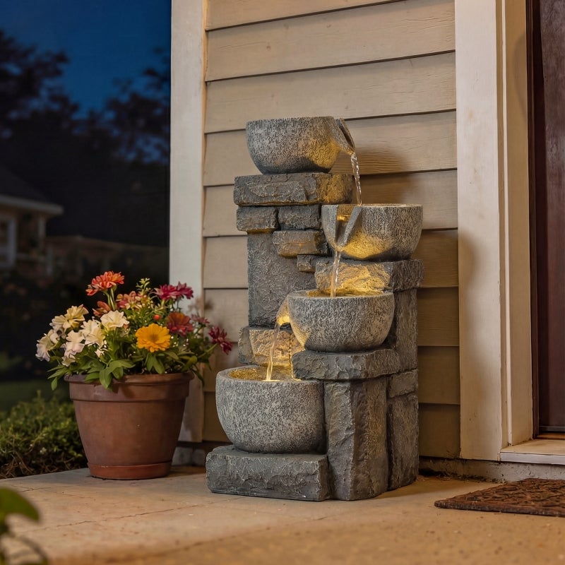 Fontaine de Jardin Cascade 4 Niveaux Effet Pierre et Brique avec LED 28 x 25 x 54,5 cm Gris - 11