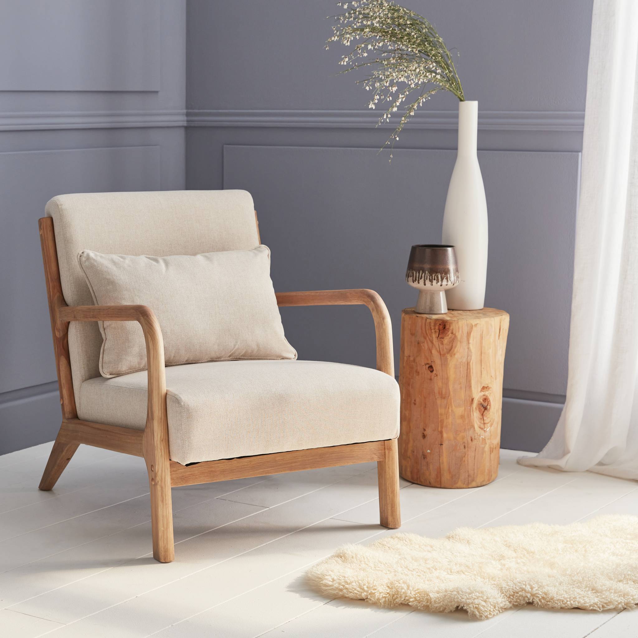 Fauteuil design en bois et tissu. 1 place droit fixe. pieds compas scandinave. structure en bois solide. assise - 2