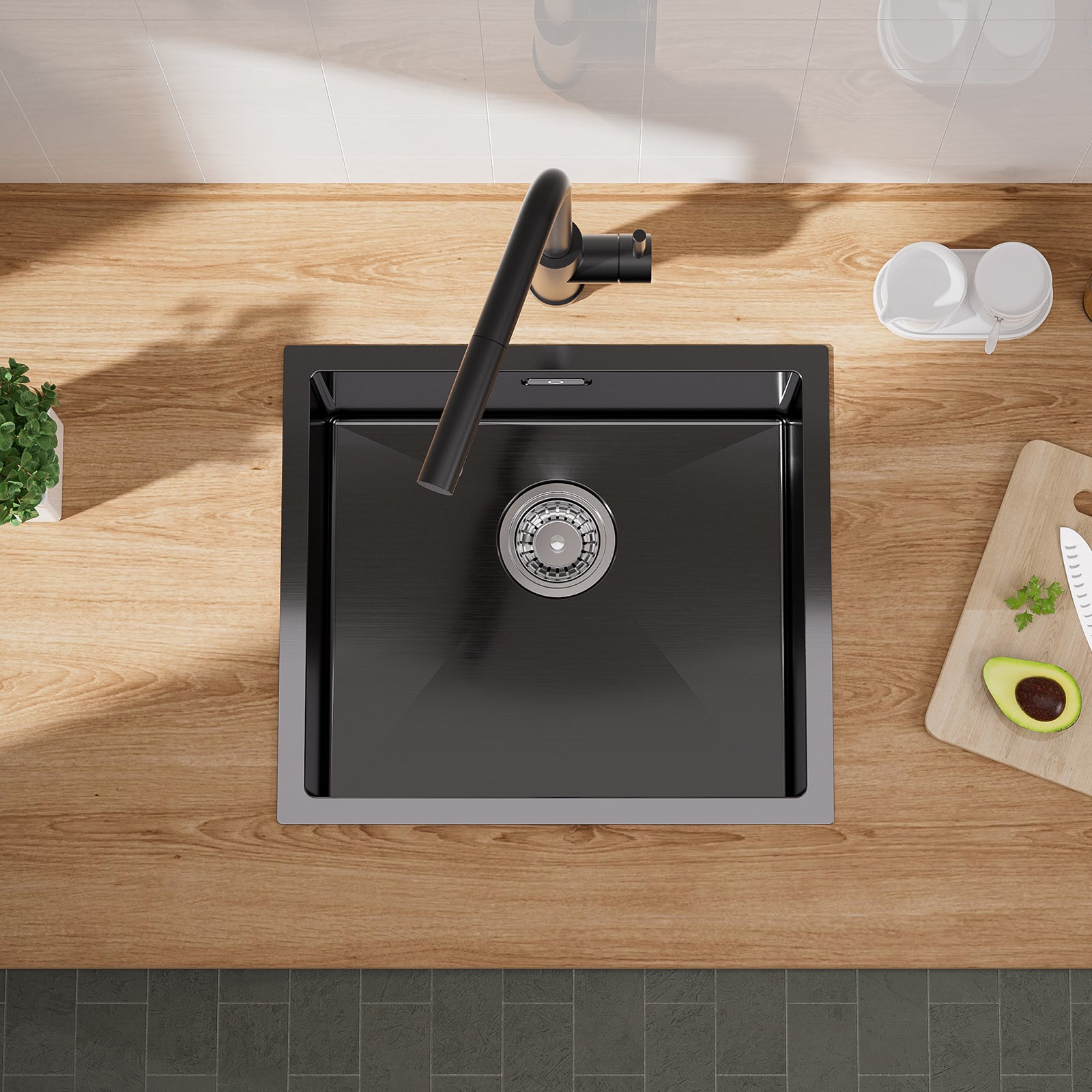 Évier de Cuisine 1 Bac 50x44x19CM, Noir Évier Inox avec Siphon et Trop Plein Évier Montage à Encastrer/ Sous-Plan (Distributeur de savon non inclus) - 2