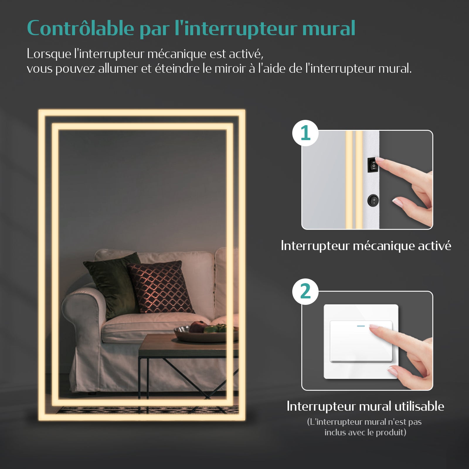 EMKE Miroir lumineux salle de bain 120x60cm, Miroir LED avec Interrupteur à bouton, Anti-buée, Miroir avec éclairage lumière Blanche Froide/Chaude - 6