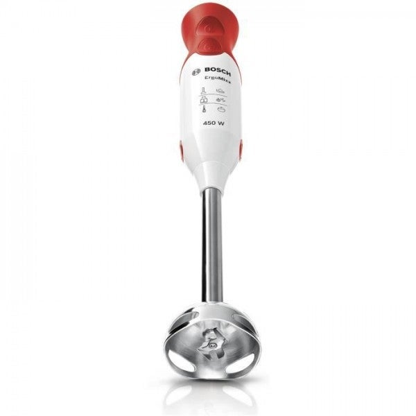 Mixeur Electrique plongeant BOSCH ErgoMixx MSM64110 - 450W - Pied inox - 4 lames aiguisées - 2 vitesses - Bol gradué 600ml - blanc/rouge - 3