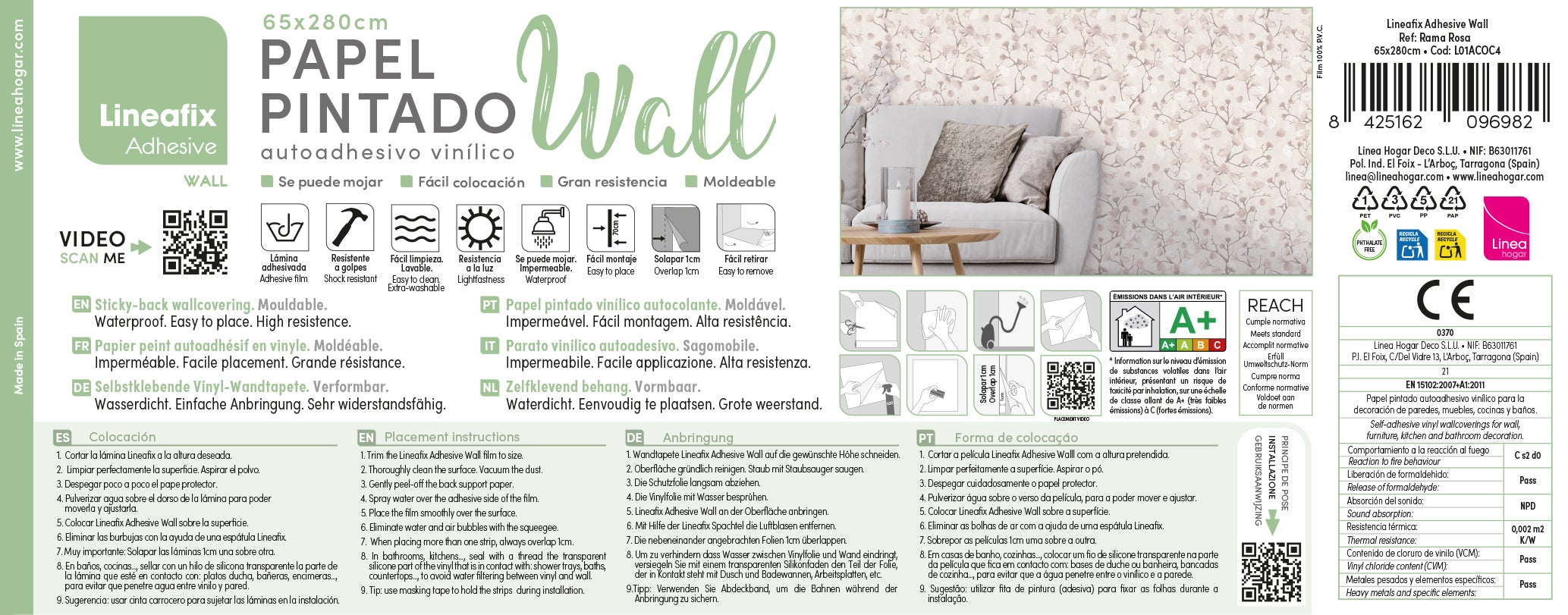 Papel de parede autoadesivo vinílico Rama Rosa. Impermeável. Ideal para cozinhas e banheiros. Fácil de aplicar e limpar. 65 x 280 cm - 10